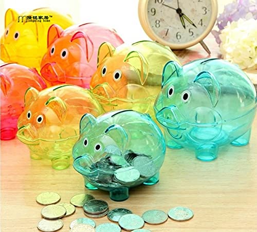 QIFFIY Transparent Plastic Piggy Bank - Cartoon Pig Shaped Money Saving Box for Coins & Cash, Blue - Perfect for Kids Savings, Birthday Gifts & Home Decor