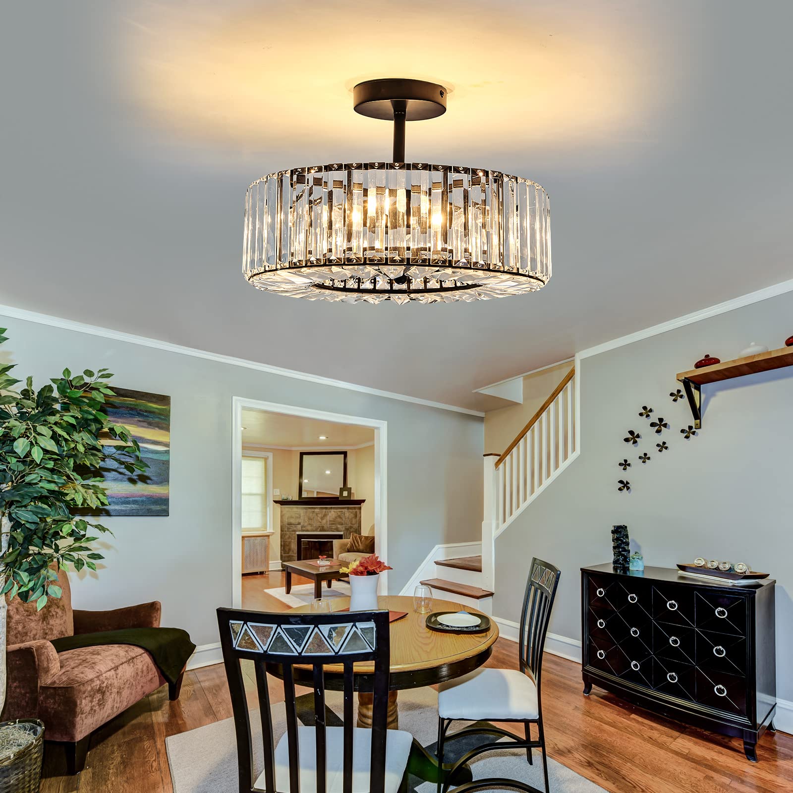 4-Light Modern Crystal Chandelier - Black Round Semi-Flush Mount Ceiling Light Fixture - Farmhouse Style Lighting for Dining Room, Living Room, Bedroom, Hallway, Entryway & Kitchen - Perfect for Home Decor, Wedding Venues and Restaurants