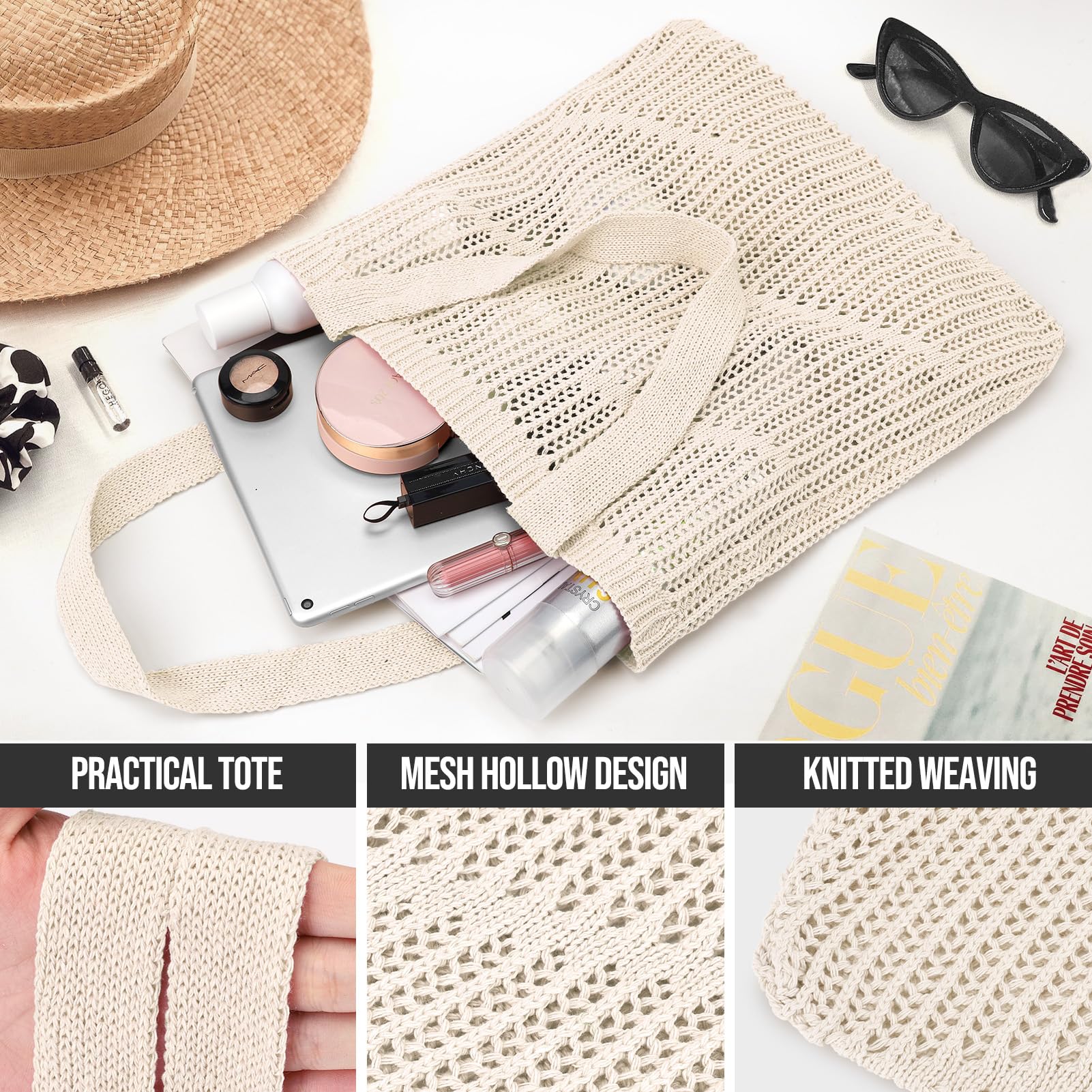 Crochet Tote Bag for Women - Large Beach Mesh Knitted Shoulder Bag with Hollow Design - Stylish Hobo Handbag for Summer Outings, Shopping, and Beach Vacations