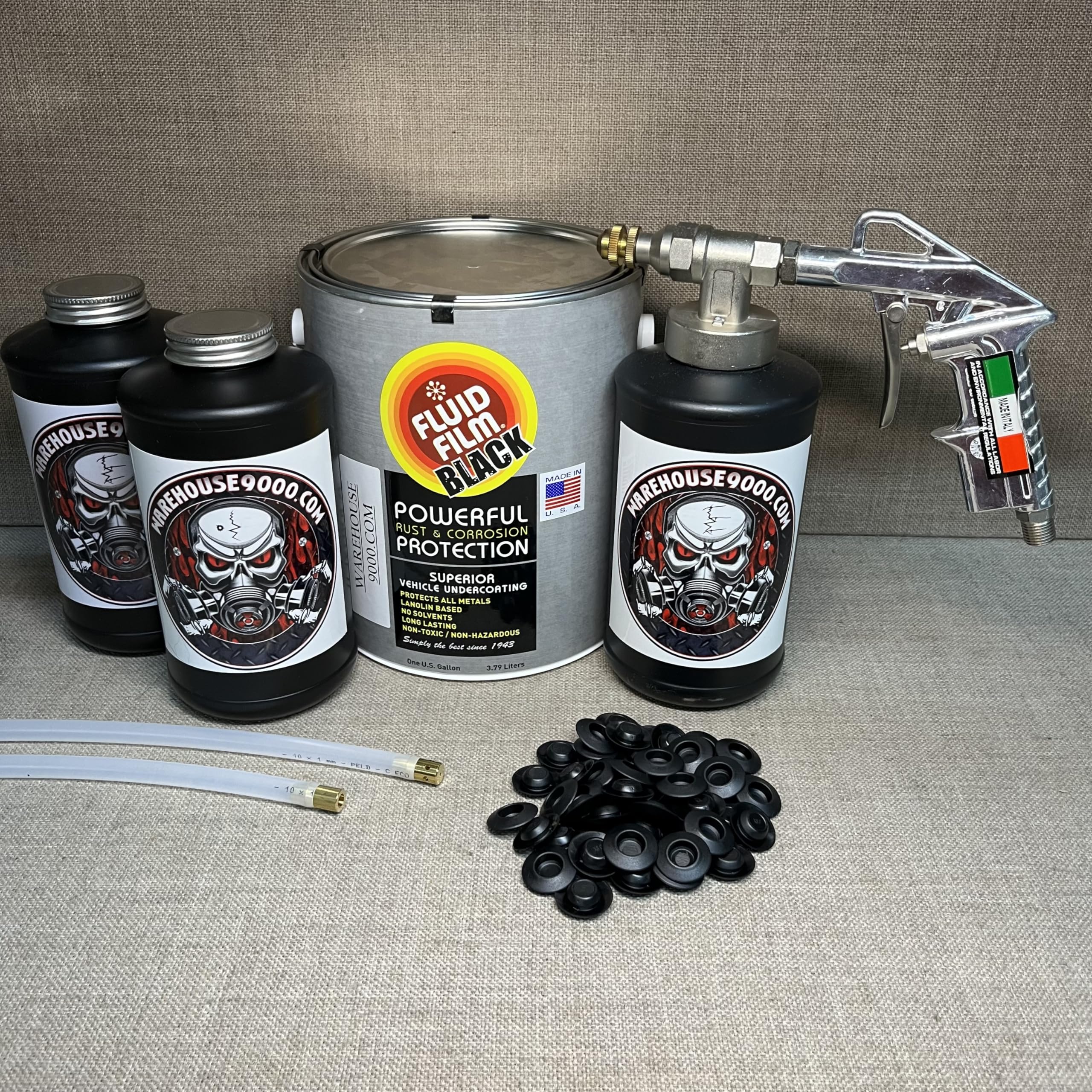 Gallon Fluid Film Black Undercoating Kit – Pro Spray Gun with 2 Wands, 3 Black Quart Bottles & 50 Rust Plugs – Ultimate Rust Protection for Vehicles, Equipment & Metal Surfaces – Ideal for Automotive, Marine & Industrial Use