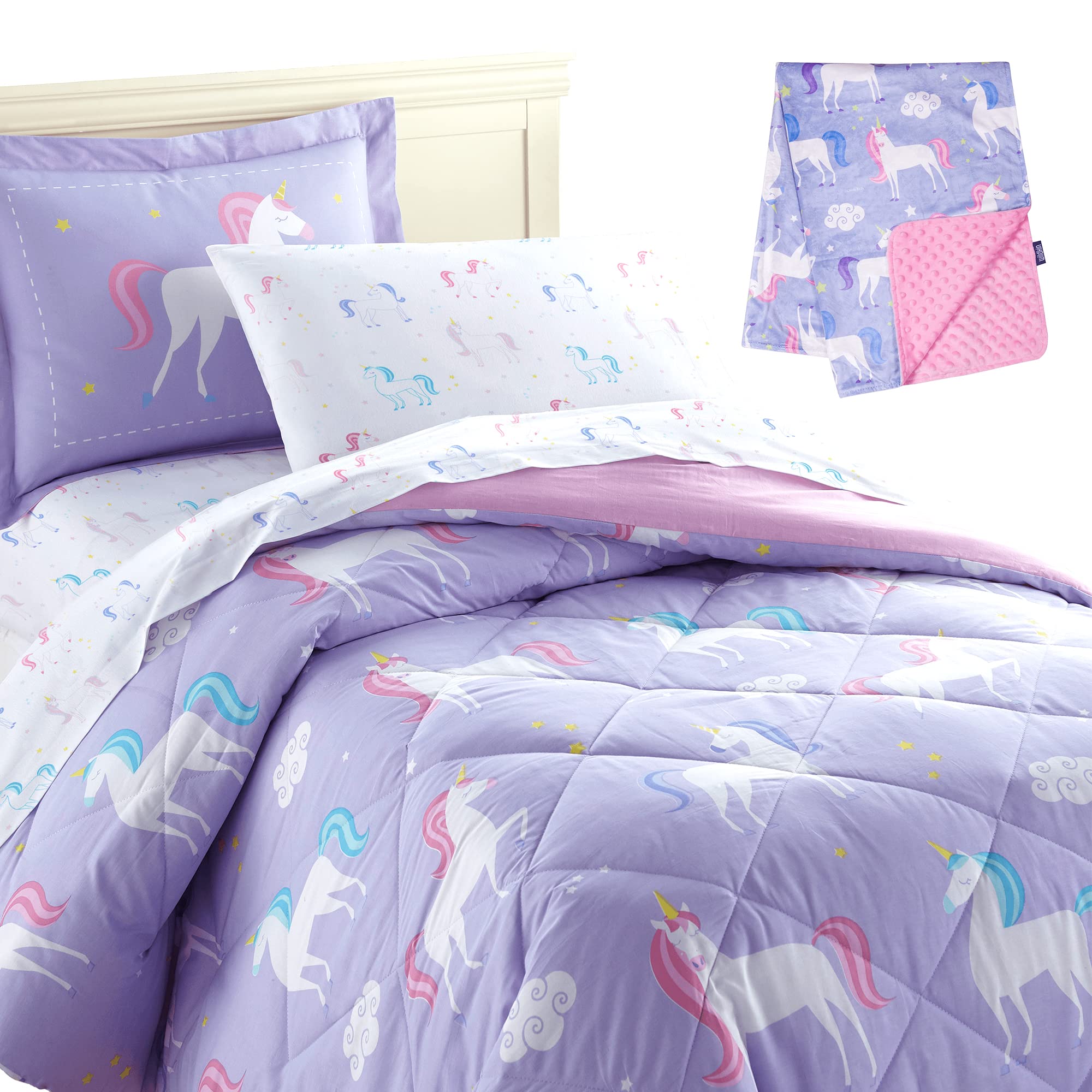 Wildkin 5-Piece Plush Unicorn Blanket Set for Twin Bed - Ultra Soft Cotton Bedding Bundle | Perfect for Kids' Rooms, Sleepovers & Cozy Nights