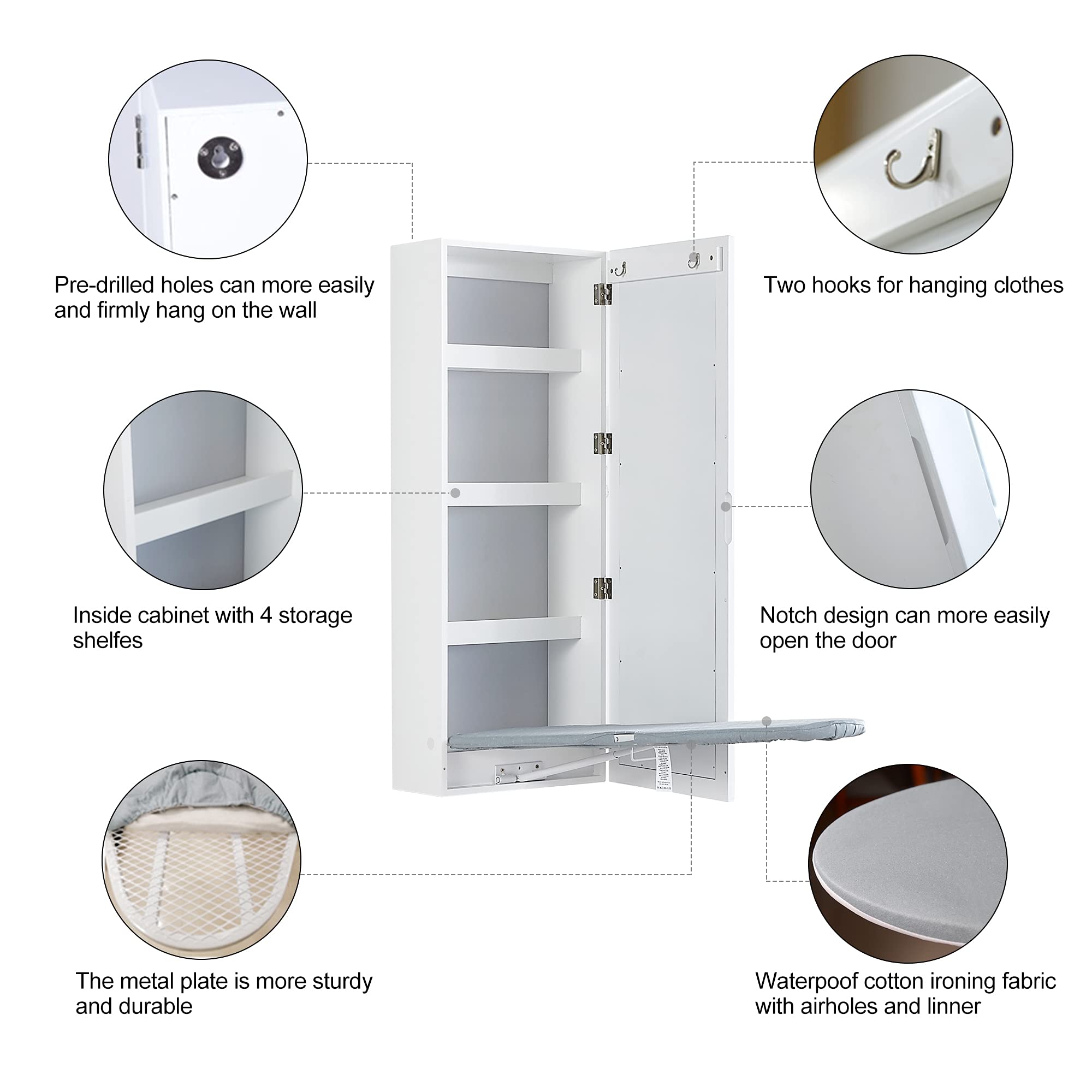 Wall Mounted Ironing Board Cabinet - Foldable Ironing Board with Storage & Mirror Door, Space Saving Laundry Room Organizer for Small Homes & Apartments (White)