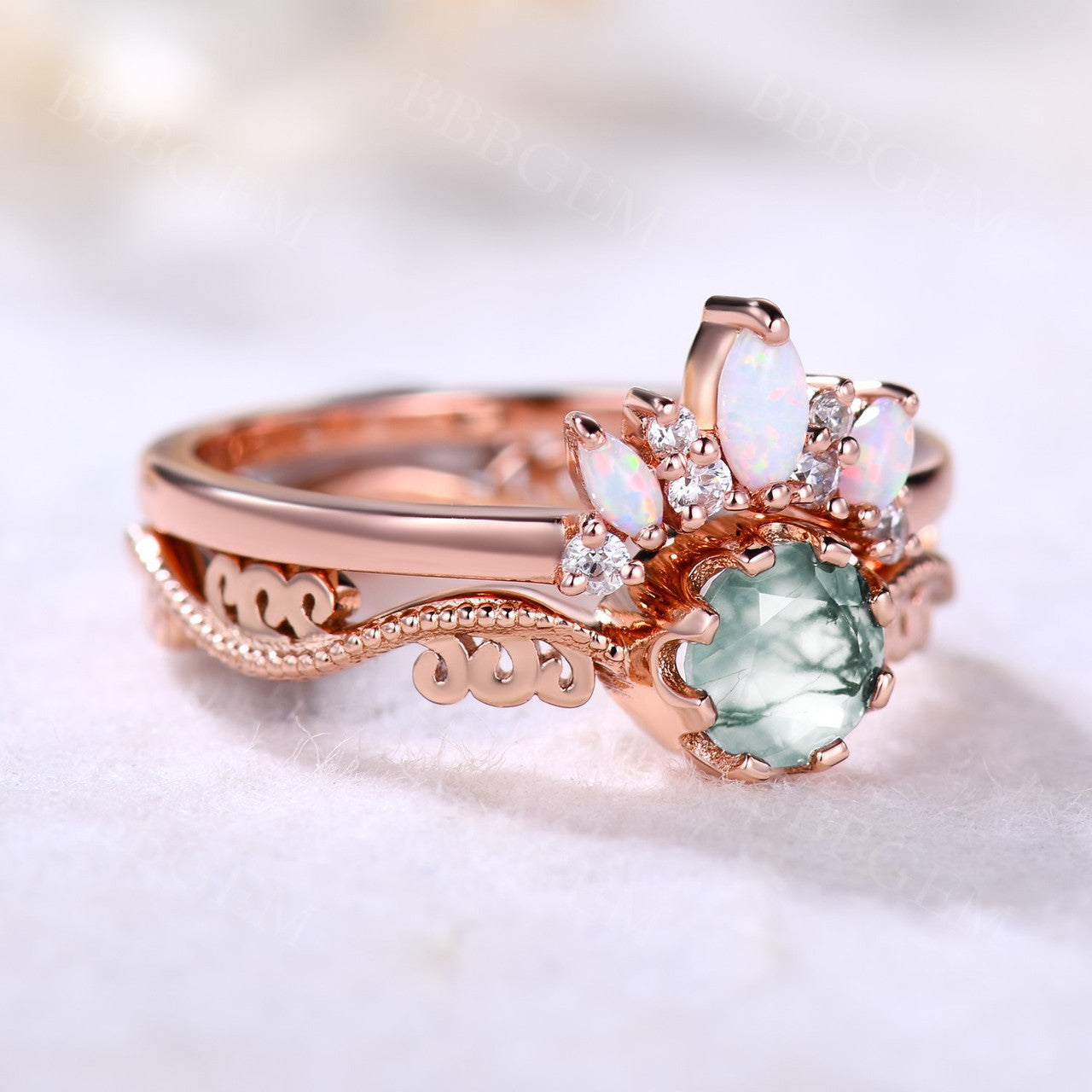 Natural Moss Agate Opal Diamond Engagement Ring Set - Vintage Art Deco Style Wedding Band for Bride - Perfect for Proposals, Anniversaries & Special Occasions