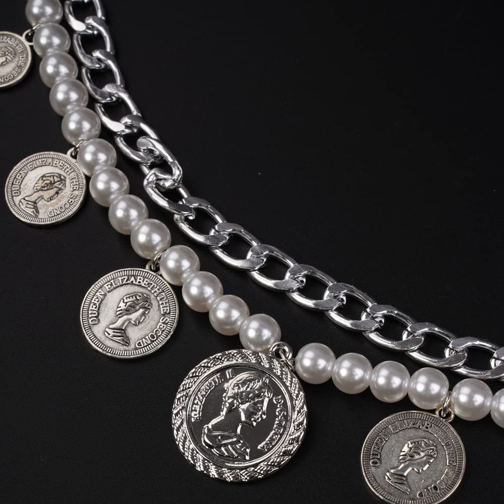 Missgrace Dainty Boho Layered Rhinestone Pearls Coin Waist Chain - Chunky Belly Body Jewelry for Women - Silver Waist Tassel Chains for Nightclub, Rave, Festival & Beach Outfits