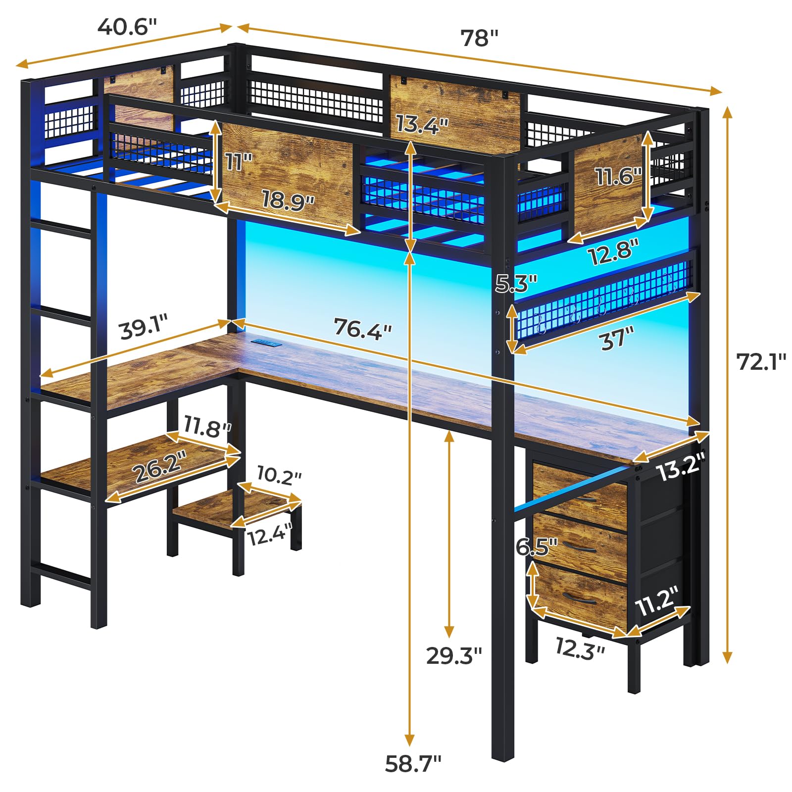 ADORNEVE Twin Size Loft Bed with L-Shaped Desk - Metal Frame with LED Lights, USB Charging Station, Fabric Storage Drawers & Shelves, 13.4