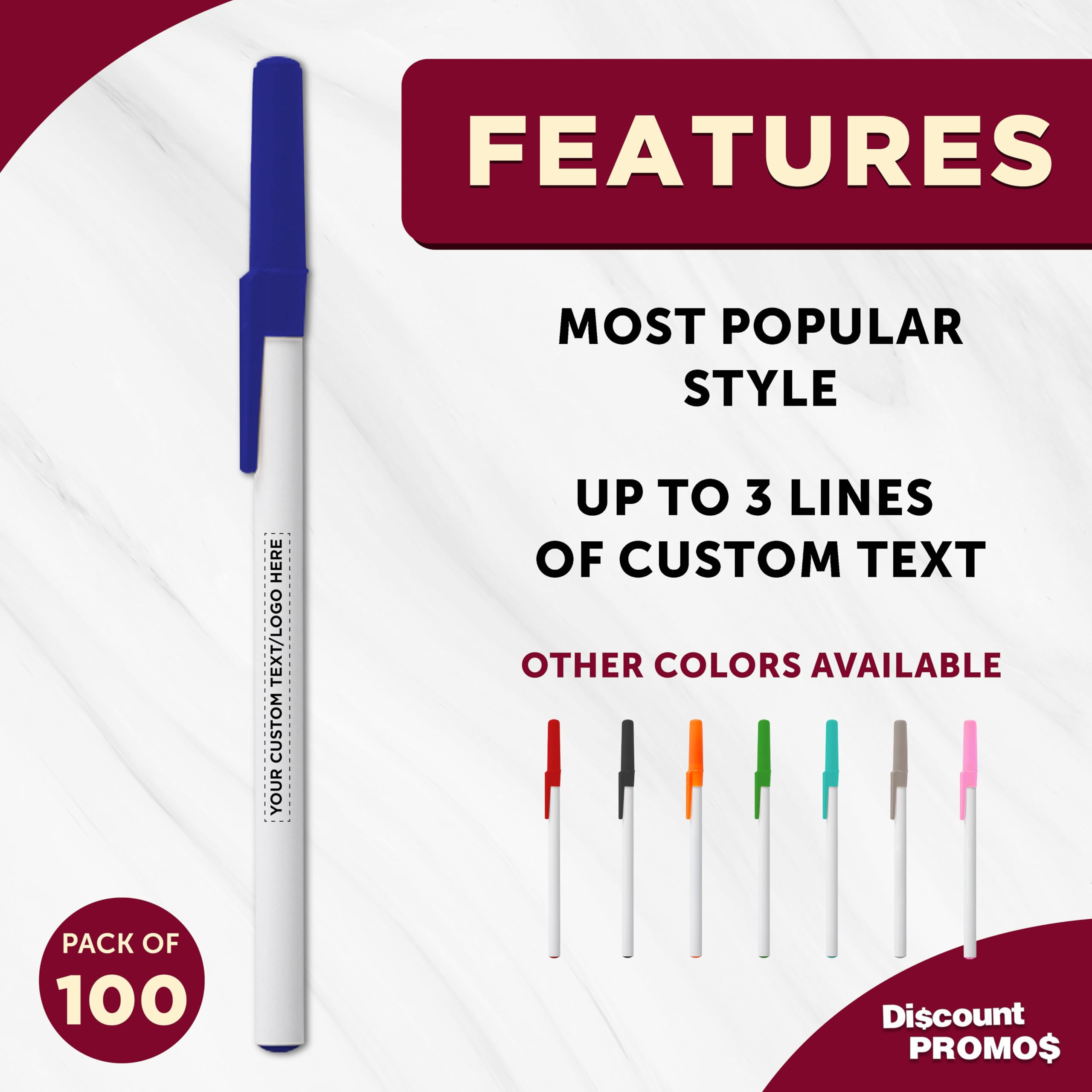 Custom Value Stick Pens Set of 100 - Personalized Bulk Pack with Black Ink - Premium Promotional Pens for Office, School, Business, Tradeshows & Events - Perfect for Branding, Giveaways & Corporate Gifts