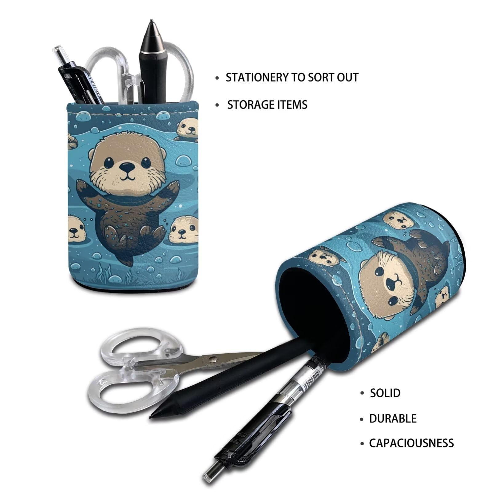Upetstory Adorable Sea Otter Leather Pen Holder - Cute Pencil Cup & Makeup Brush Organizer for Desk, School, Office | Perfect Workspace Storage Solution for Stationery, Cosmetics & Office Supplies