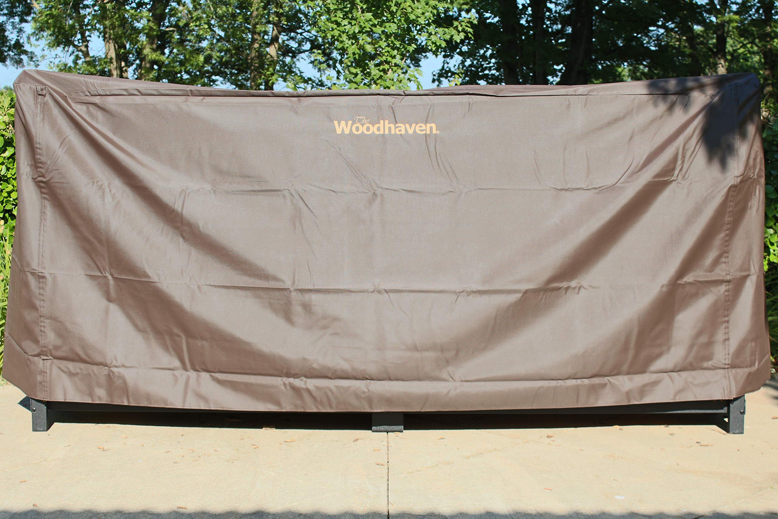 Woodhaven 8 Foot Waterproof Firewood Cover - Heavy Duty Vinyl Full Cover for 1/2 Cord Outdoor Firewood Rack with Reinforced Straps - Keeps Logs Dry in Rain & Snow (Brown) - Perfect for Patio, Deck, Backyard & Camping Use