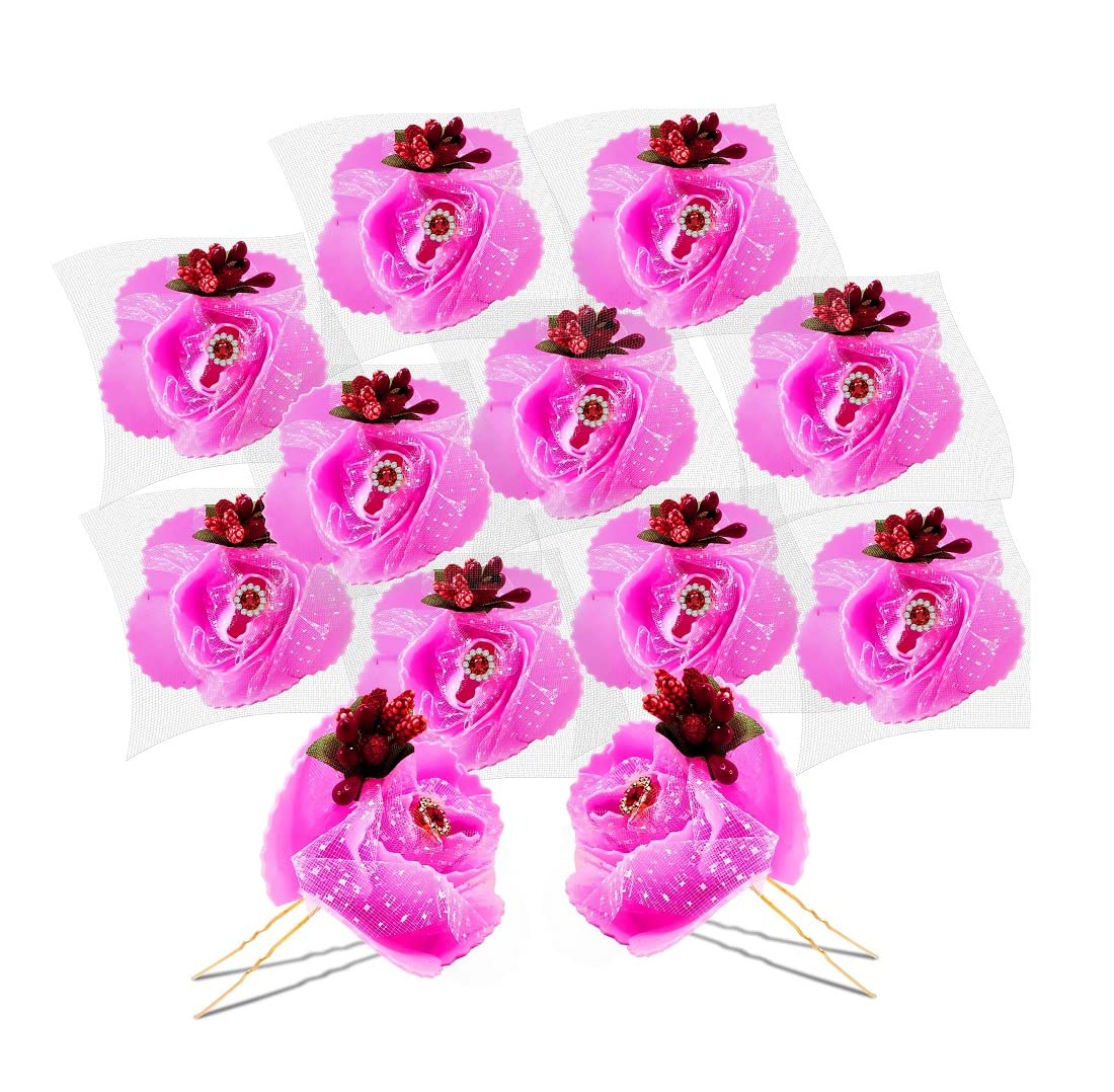 Uniqon Set of 12 Pcs (6.5 Cm) Artificial Pink Flower Beads for Bridal Wedding Hair Accessories - Perfect for Bridesmaids, Prom, and Special Occasions
