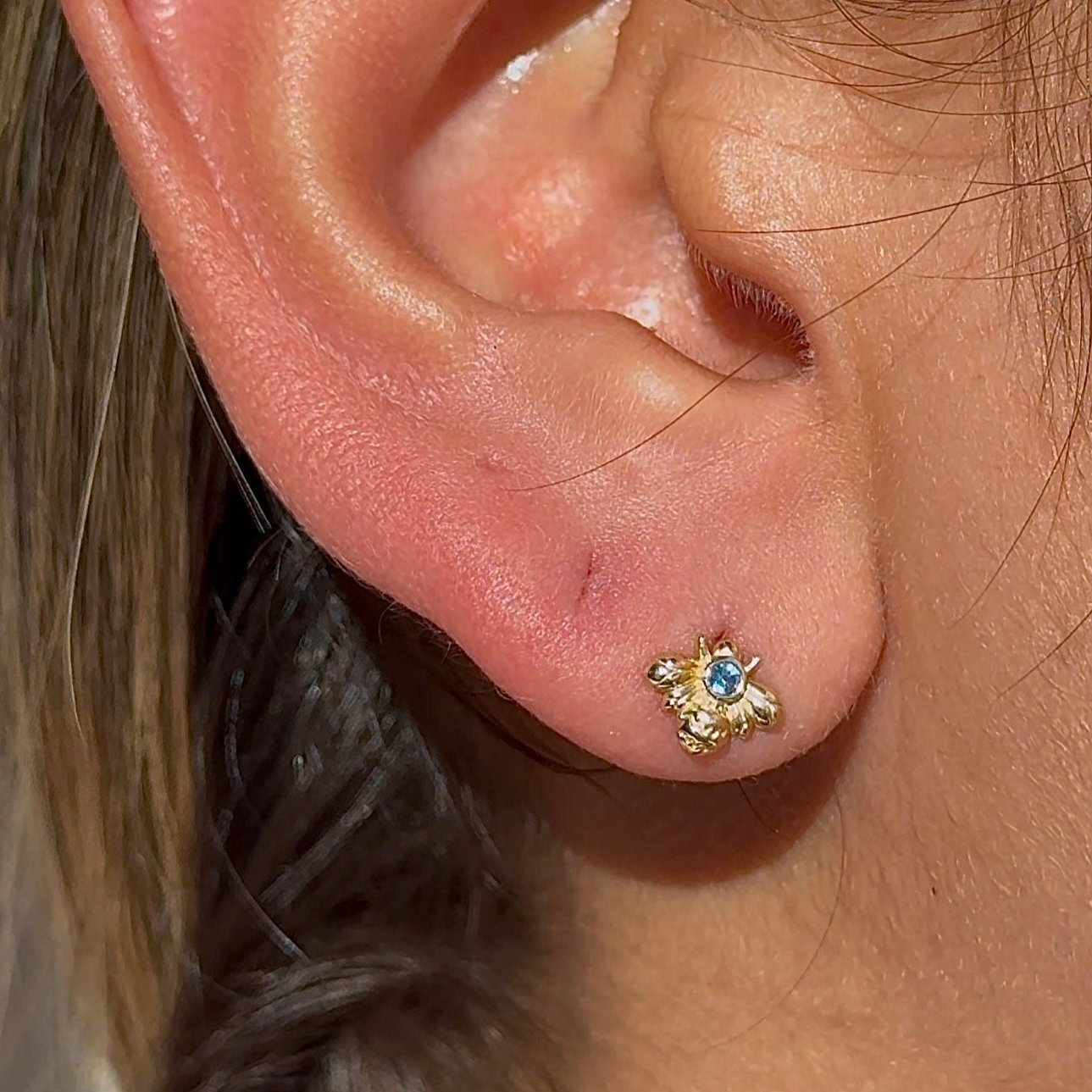 14K Yellow Gold Blue Topaz Bee Stud Earrings - Dainty Floral Jewelry for Women, Perfect for Everyday Wear & Gift Giving
