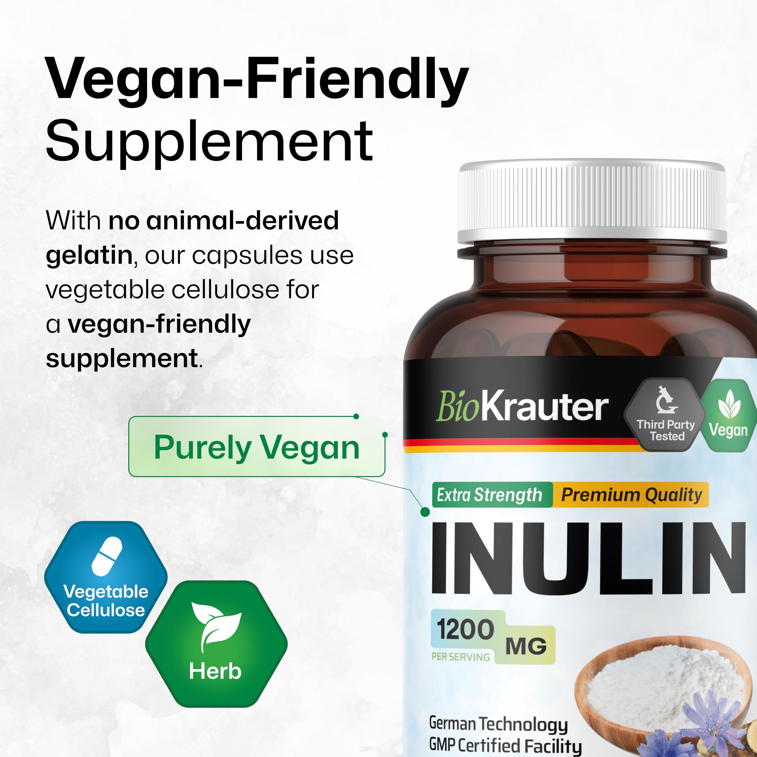 BIO KRAUTER Inulin Powder Capsules 1200mg - 100 Count Pure Soluble Fiber Supplement | Chicory Root Fiber for Digestive Support | Vegan, Non-GMO | Supports Gut Health & Weight Management | Perfect for Smoothies, Coffee & Baking