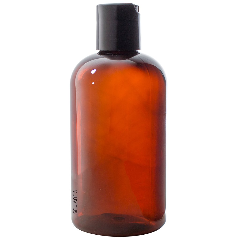 JUVITUS 8 oz Amber Boston Round PET Plastic Bottles (BPA Free) - 12 Pack with Black Disc Cap | Essential Oil, DIY Beauty & Herbal Storage Bottles for Home, Lab & Crafting