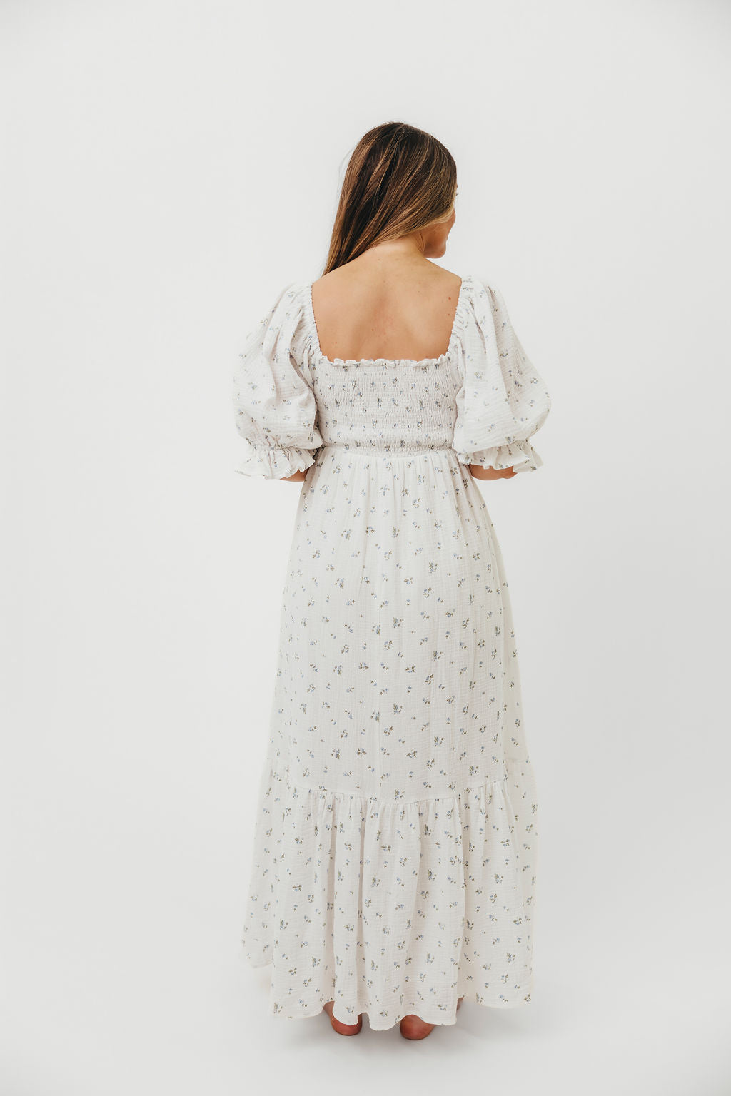 Livvy 100% Cotton Maxi Dress - Off White & Blue Floral Print, Women's Summer Beach Dress for Vacation, Party & Casual Wear
