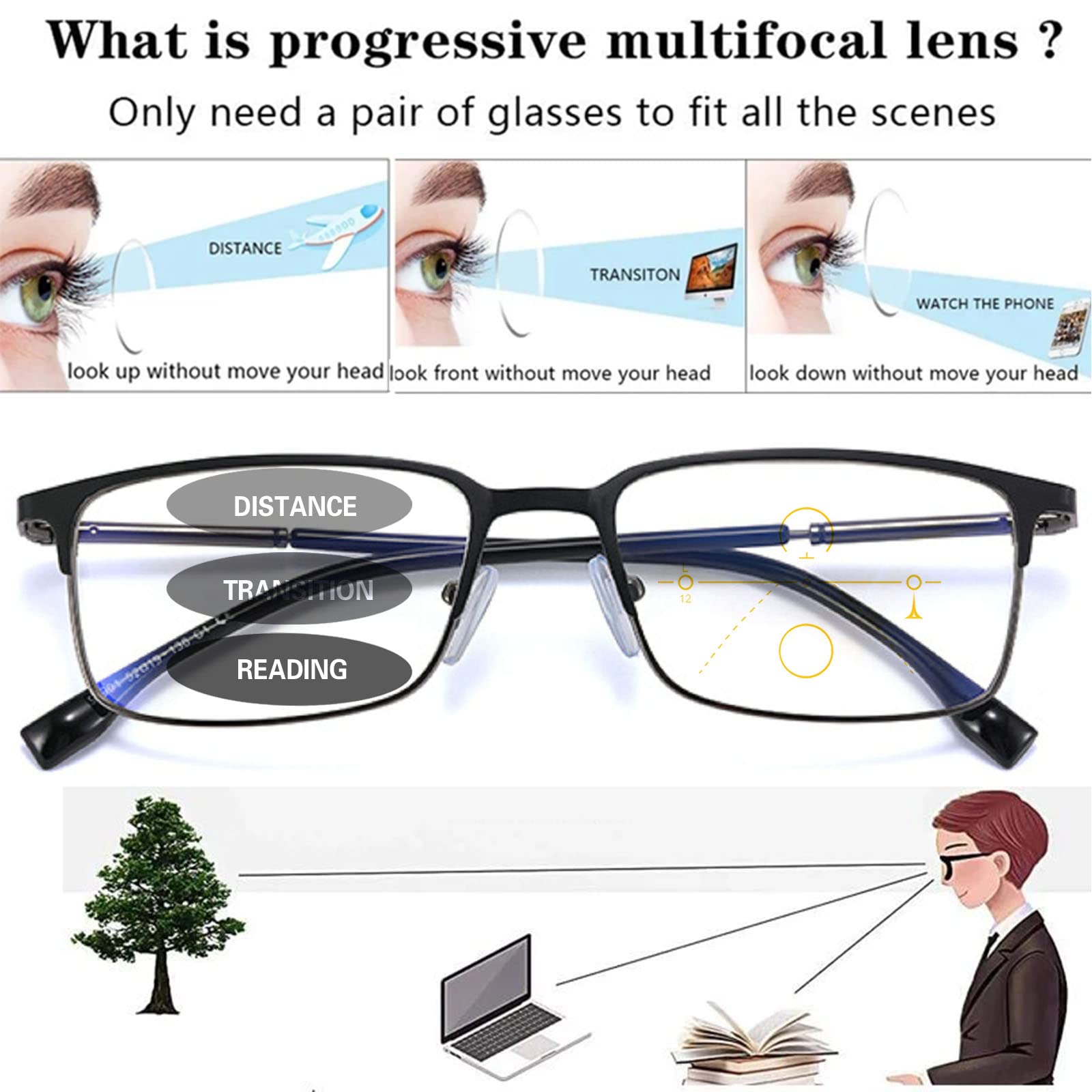 Men's Photochromic Progressive Reading Glasses - Multifocus Square Metal Frame with UV Protection for Computer, Reading & Outdoor Use - Perfect for Work, Driving & Daily Activities