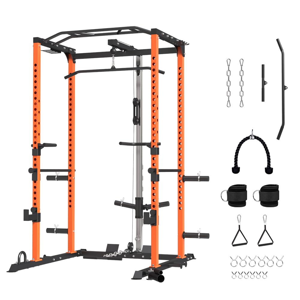 **Power Cage - Multi-Functional Power Rack with LAT Pulldown Cable System & Full Body Workout Attachments | Squat Rack with Optional Lever Arm, Belt Squat & Weight Plates Combo for Home Gym | Perfect for Strength Training, CrossFit & Home Fitness**