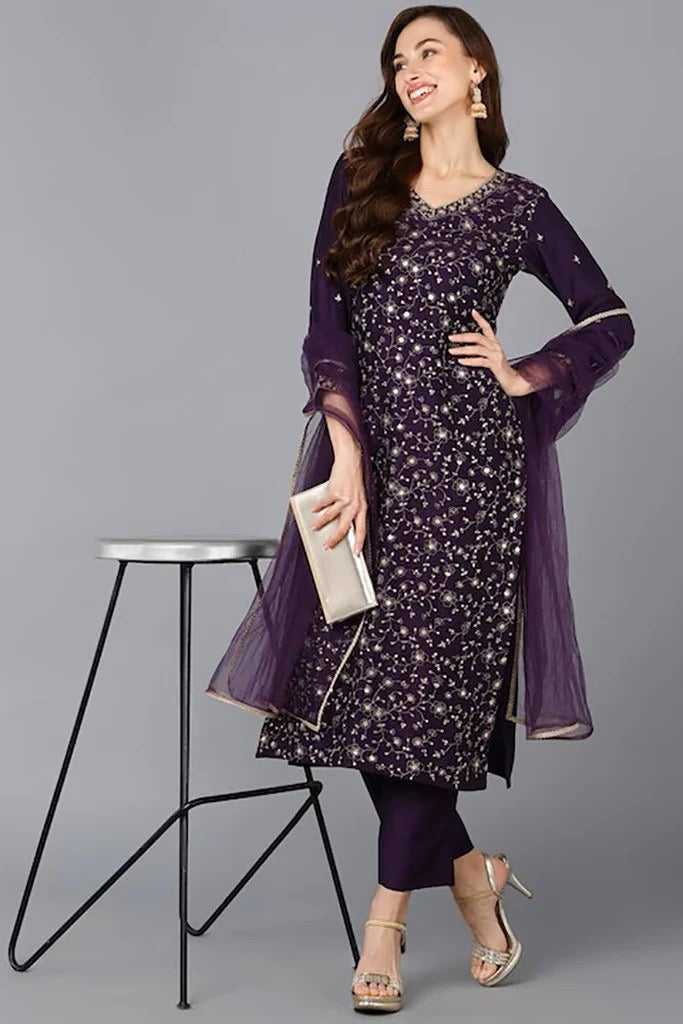 Elegant Purple Silk Blend Ethnic Motif Straight Suit Set for Women - Perfect for Weddings, Parties & Formal Occasions