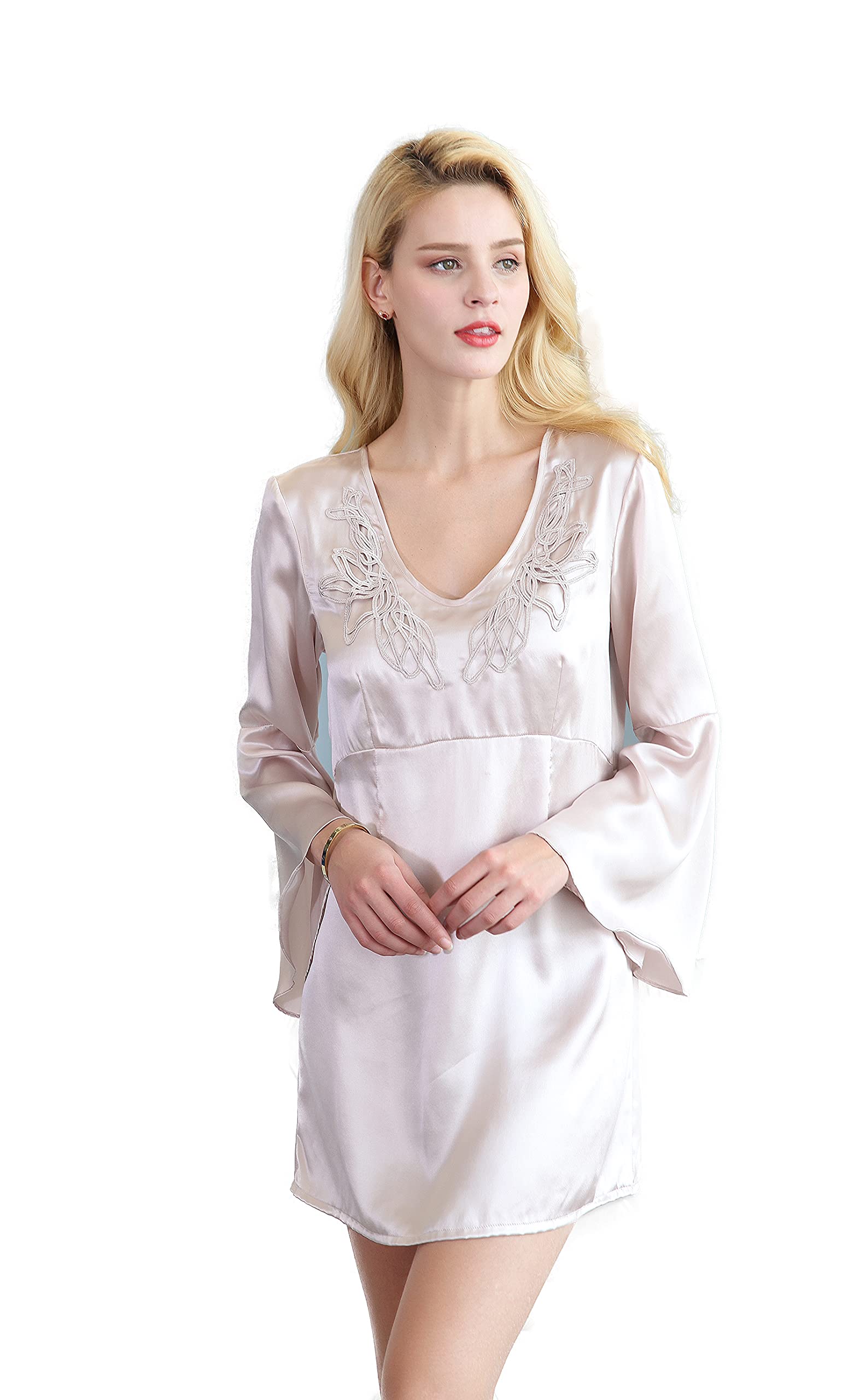 CLC Women's Silk Nightgown - Long Sleeve Elegant Pajama Set for Sleeping & Lounge Wear - Soft Comfortable Nightdress for Relaxation at Home