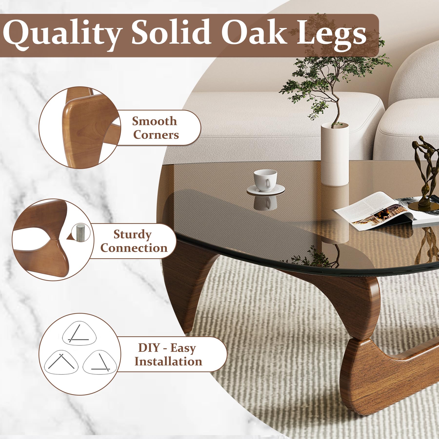 Mid-Century Modern Triangle Coffee Table with Glass Top & Natural Wood Base - Abstract End Table for Living Room, Patio, Office - Walnut/Brown, 35.8