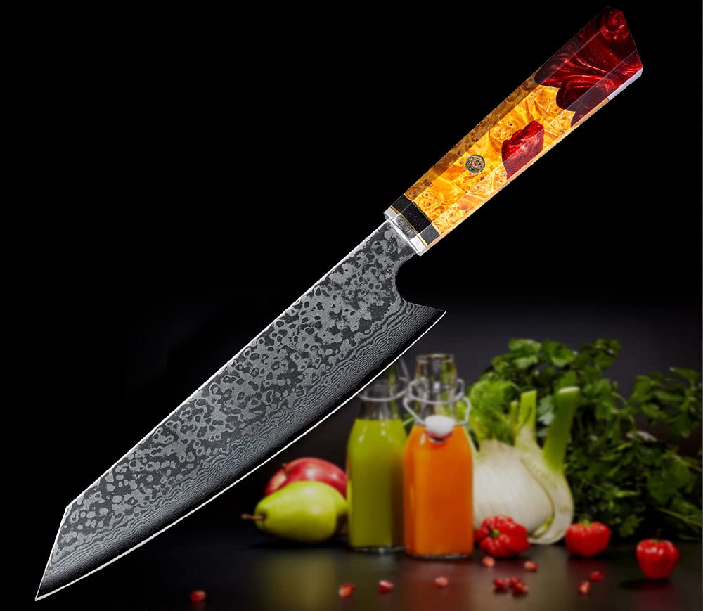 Premium 8 Inch Damascus Steel Japanese Chef Knife - Handcrafted with Stabilized Wood Resin Octagonal Handle - Perfect for Slicing, Dicing & Professional Cooking