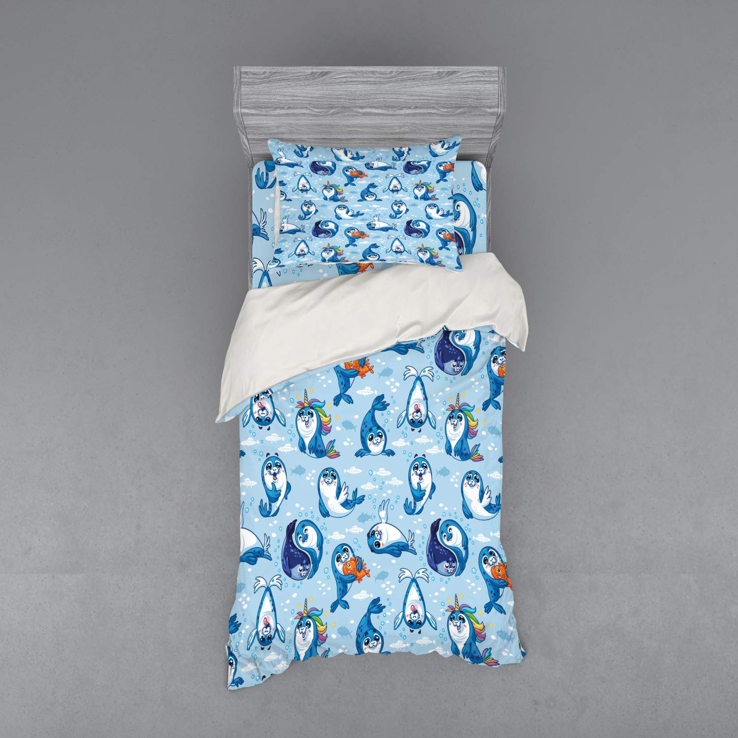 Ambesonne Sea Animals 3-Piece Duvet Cover Set with Sham & Fitted Sheet - Twin XL Size, Blue White Marigold - Seal Pup Aquatic Wildlife Design with Hugging Water Bubbles - Perfect for Kids' Bedrooms, Beach Themed Decor, and Ocean Lovers' Homes
