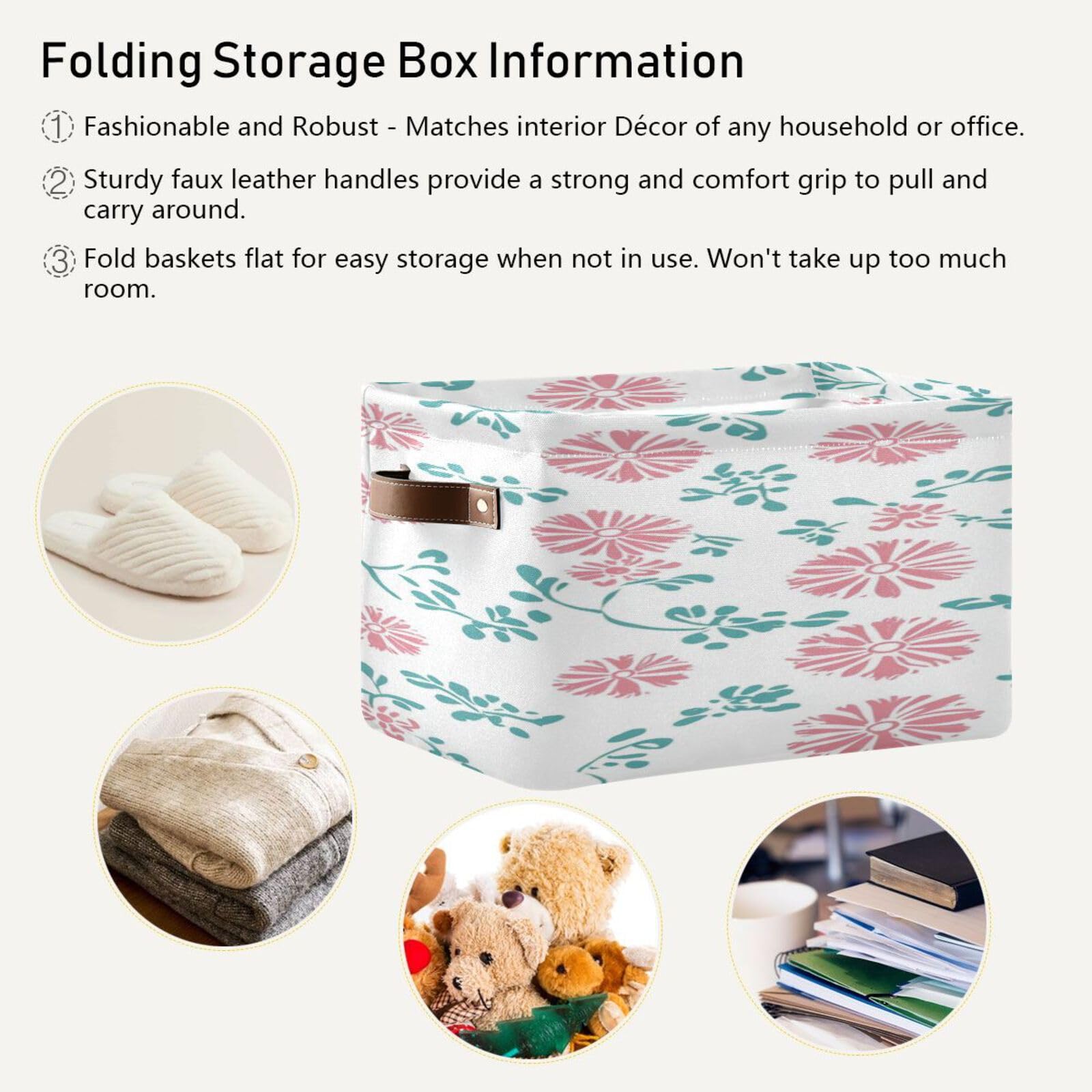 Large Foldable Storage Baskets with Handles - 2 Pack Home Organization Bins for Closet, Shelves & Room Decor | Perfect for Bedroom, Bathroom & Kids Toy Storage | Rounded Leaves Design