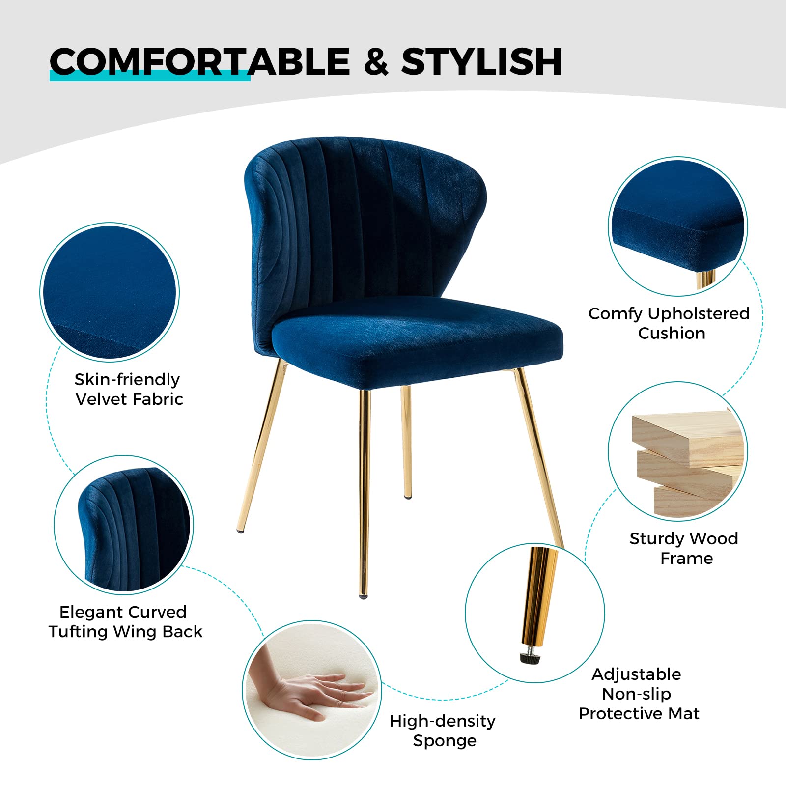 Modern Velvet Dining Chair with Golden Metal Legs - Navy Blue Tufted Accent Chair for Living Room, Kitchen, Bedroom & Beauty Salon - Comfortable Small Upholstered Side Chair for Home & Office Use