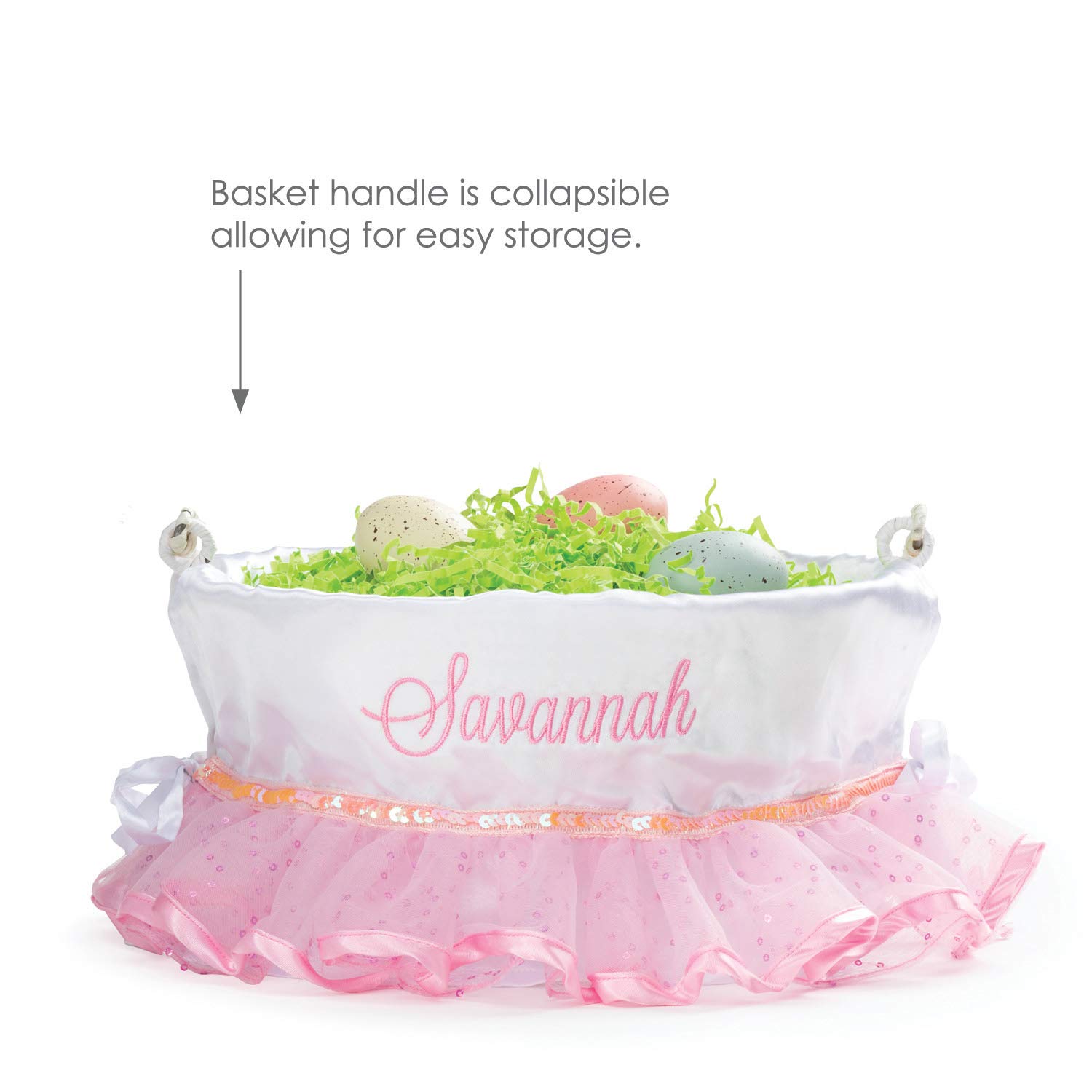 Personalized Easter Basket for Kids with Handle & Custom Name - Pink Tutu Basket Liner & White Woven Design | Custom Easter Gift for Egg Hunts, Party Favors & Spring Celebrations