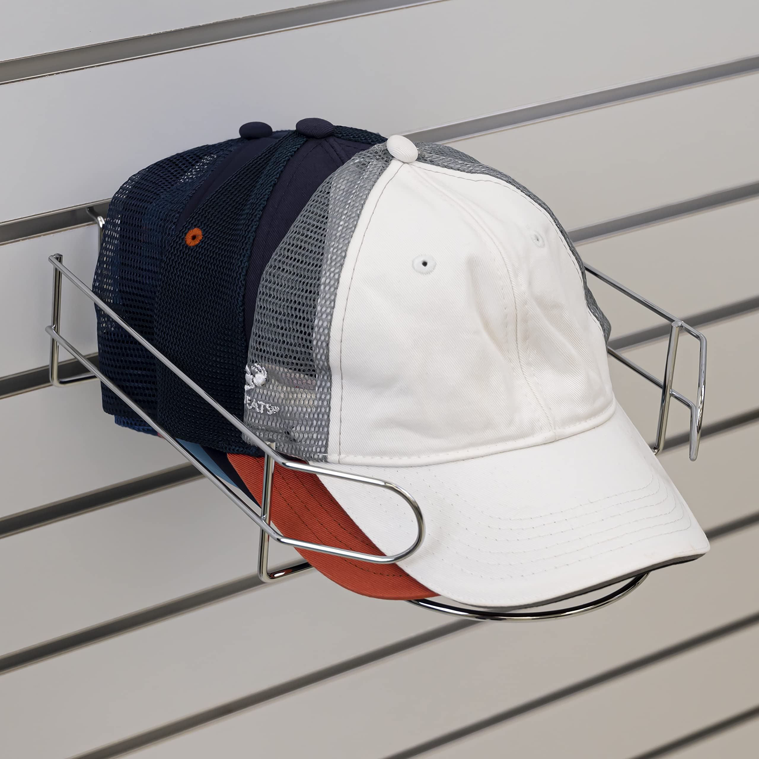 Chrome Slatwall Cap Display Rack - 4 Pack for Fitted Hats, Snapbacks & Baseball Caps - Durable Retail Hat Holder for Stores & Boutiques - Perfect for Organizing & Showcasing Hats in Shops, Malls & Trade Shows