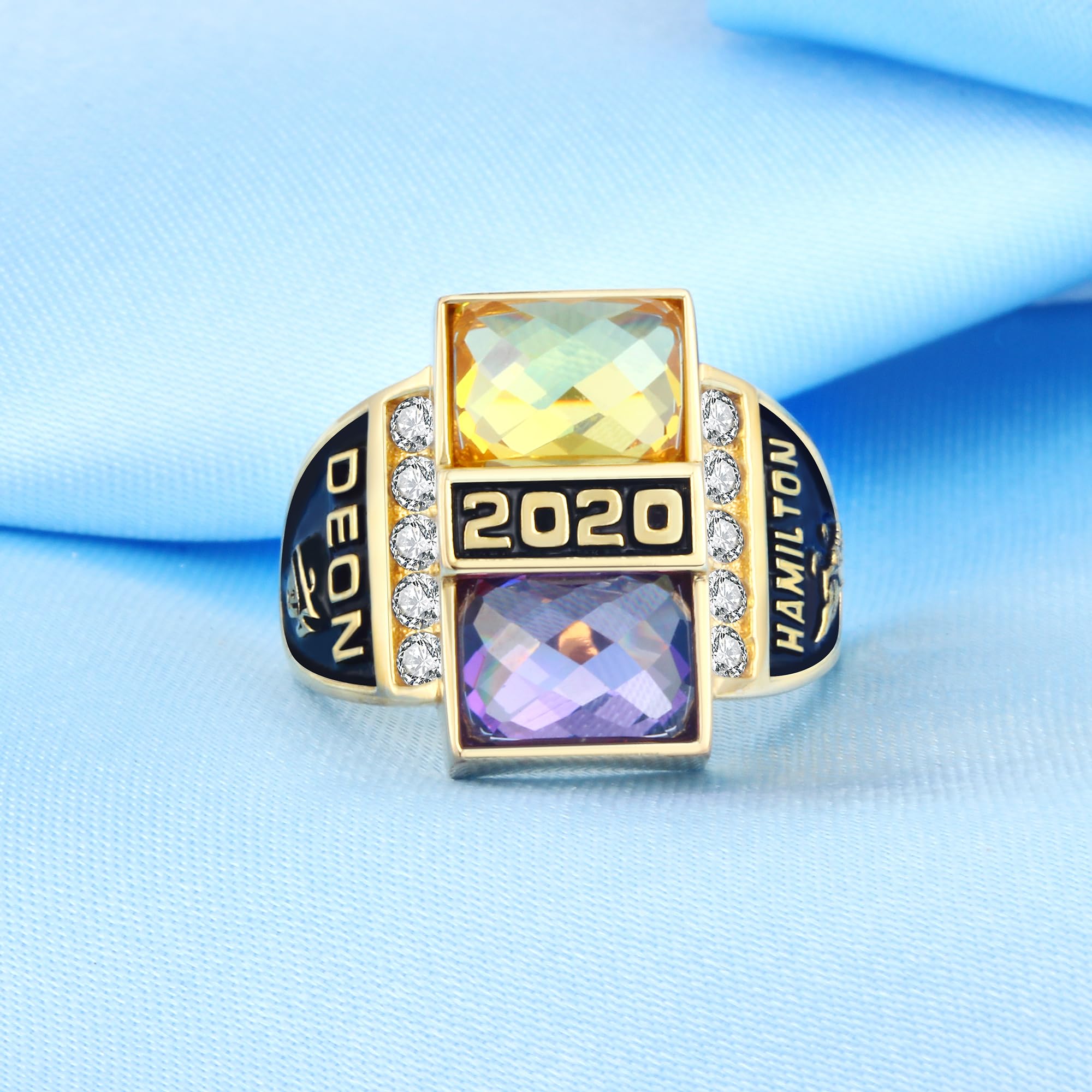 Custom Personalized Class Rings for Men - 925 Sterling Silver with Two Birthstones, Gold Plated High School Rings (Size 5-15) | Perfect for Graduation Gifts, Alumni Reunions & Special Occasions