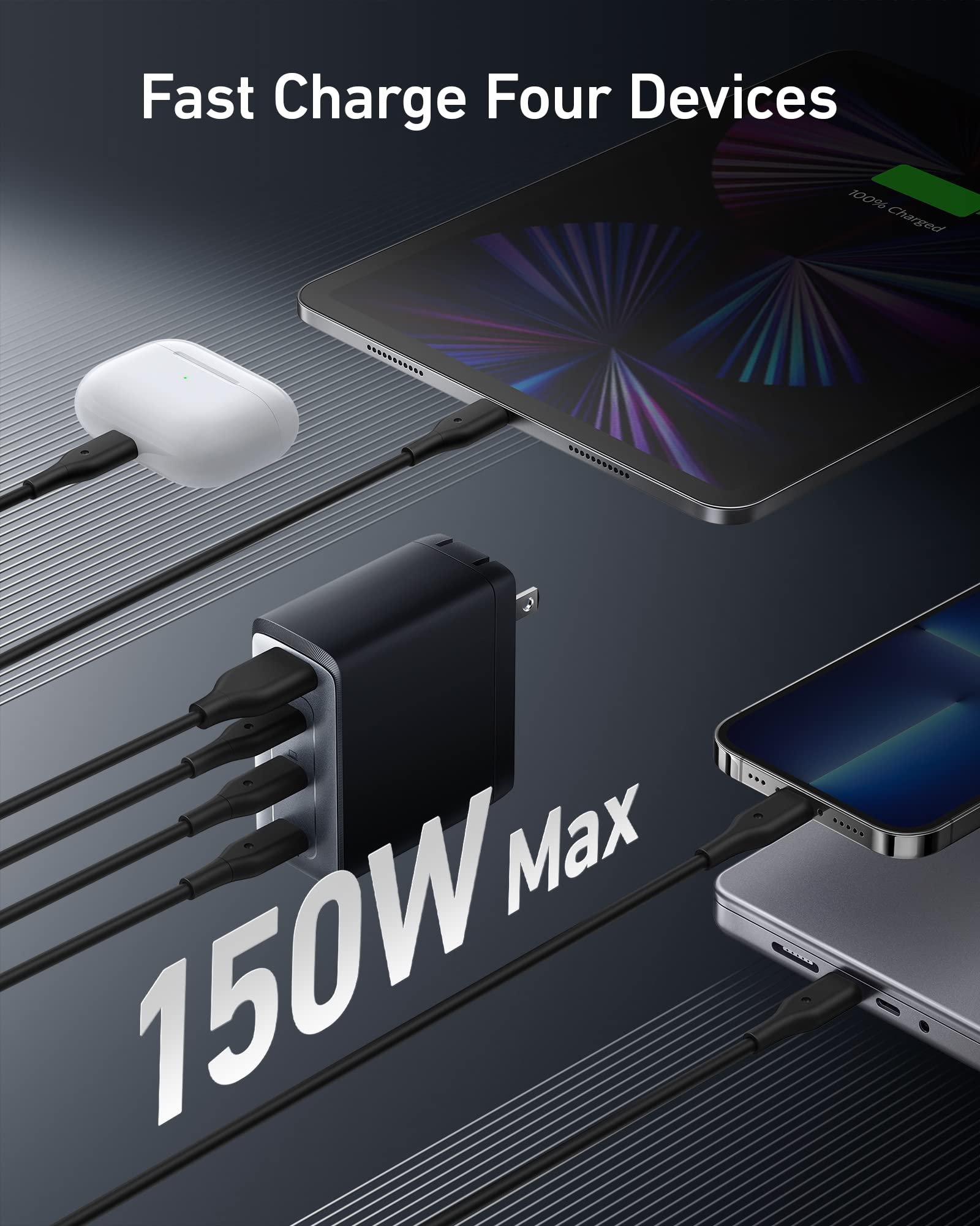 Anker 747 GaNPrime 150W USB C Wall Charger with PPS - 4-Port Fast Compact Foldable Power Adapter & 2-Pack 6ft 60W USB C to C Cables - Compatible with MacBook Pro/Air, iPhone 15/14, iPad, Samsung Galaxy - Perfect for Travel, Office & Home Charging