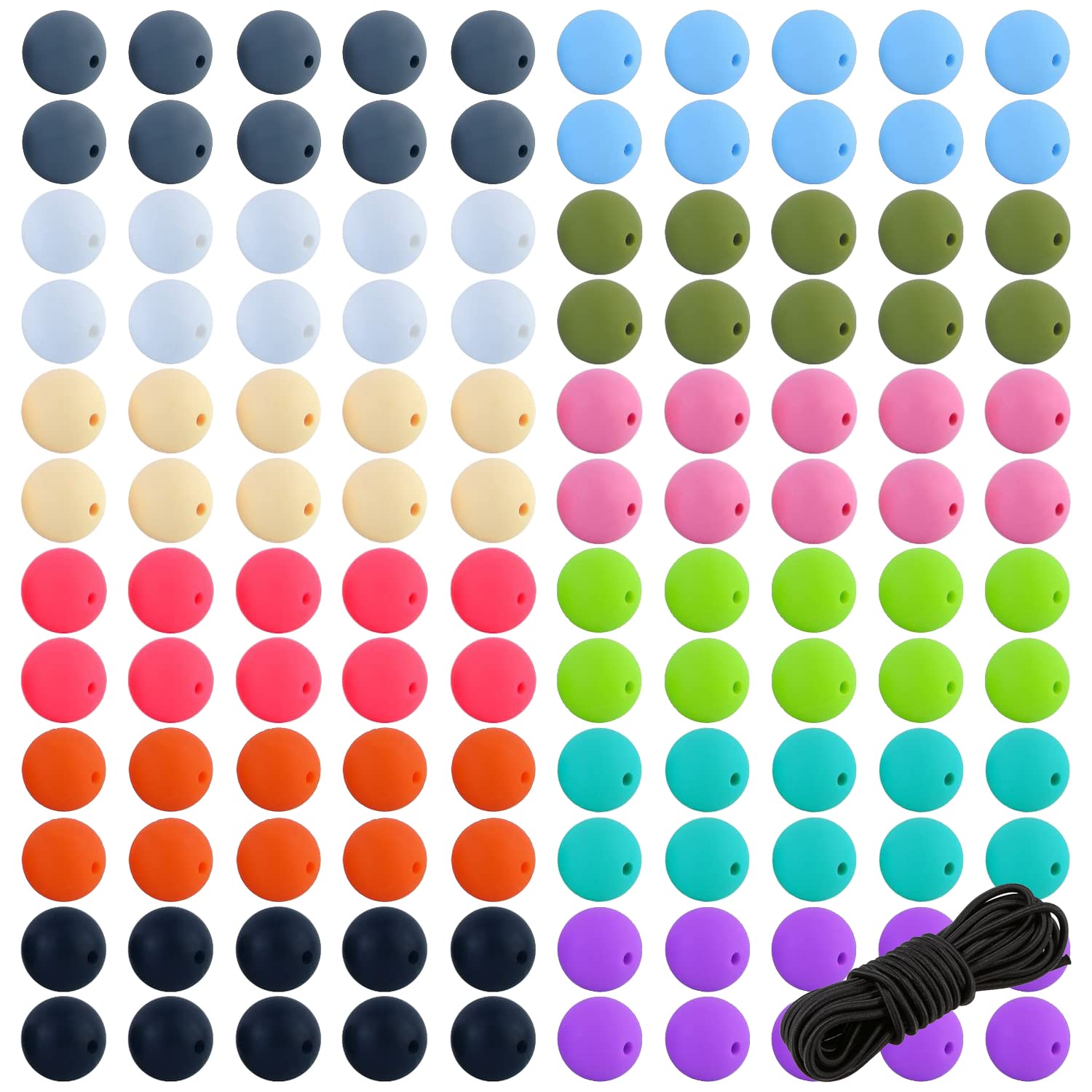 12mm Silicone Beads Kit - 120 Pcs Bulk with Elastic Rope for DIY Jewelry Making - Necklace, Bracelet, Keychain Crafts