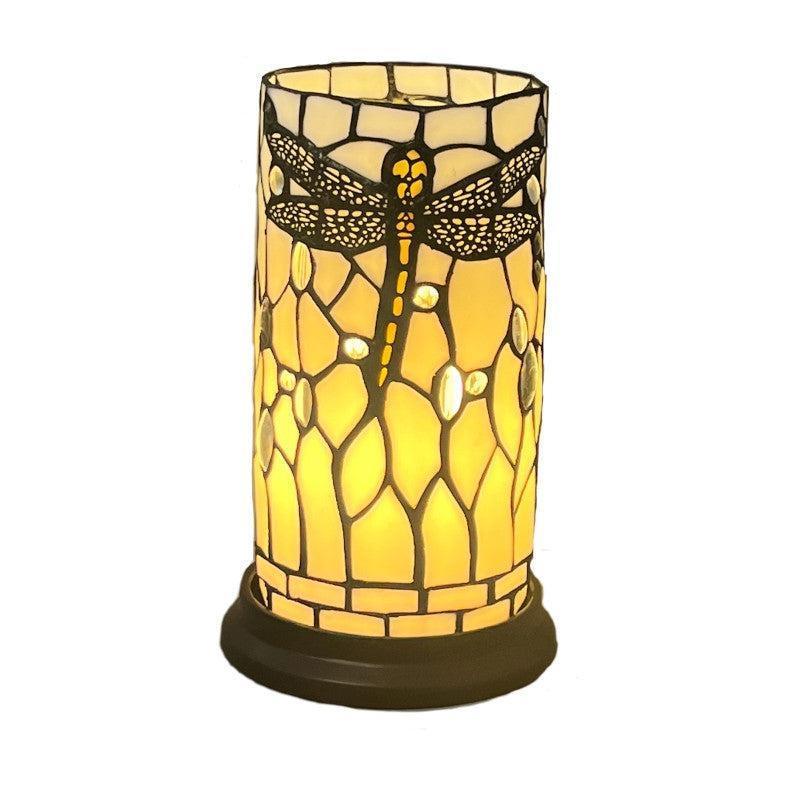 Vintage White Dragonfly Round Tiffany Table Lamp - Handcrafted Stained Glass Lighting for Living Room, Bedroom & Office Decor