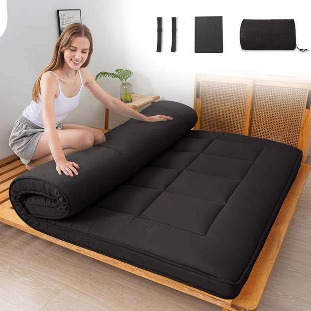 MAXYOYO Padded Japanese Floor Mattress - Black Foldable Roll Up Futon for Bedroom, Guest Room & Travel | Comfortable Floor Sleeping Mat for Adults & Kids