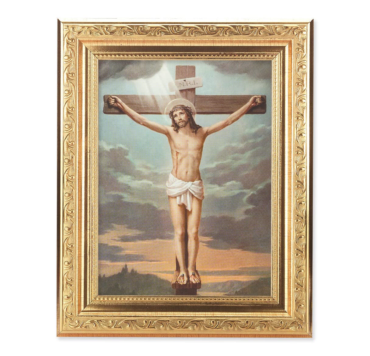 Religious Wall Art - Antique Gold-Leaf Framed Crucifixion Picture with Acanthus Leaf Detail, Perfect for Home Decor, Church, or Prayer Room