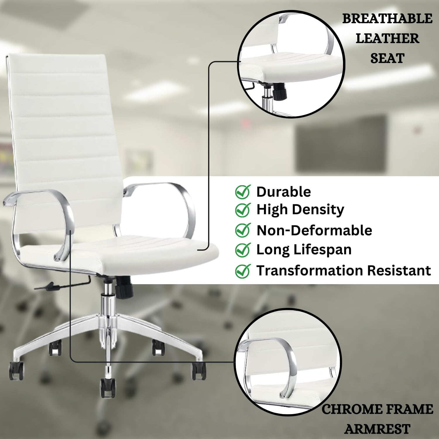 Ergonomic Ribbed High Back Conference Room Chair with Lumbar Support - Modern Executive Office Chair with 360° Swivel & Rolling Wheels - Aluminum Chrome Frame & Base - White Home Office Chair (Pack of 1) - Perfect for Meetings, Workstations & Home Offices