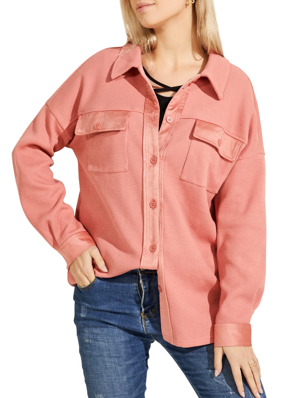 Vintage Women's Spread Collar Waffle Knit Button Down Shirt Jacket - Casual Shacket for Fall & Winter Layering, Office Wear & Outdoor Activities