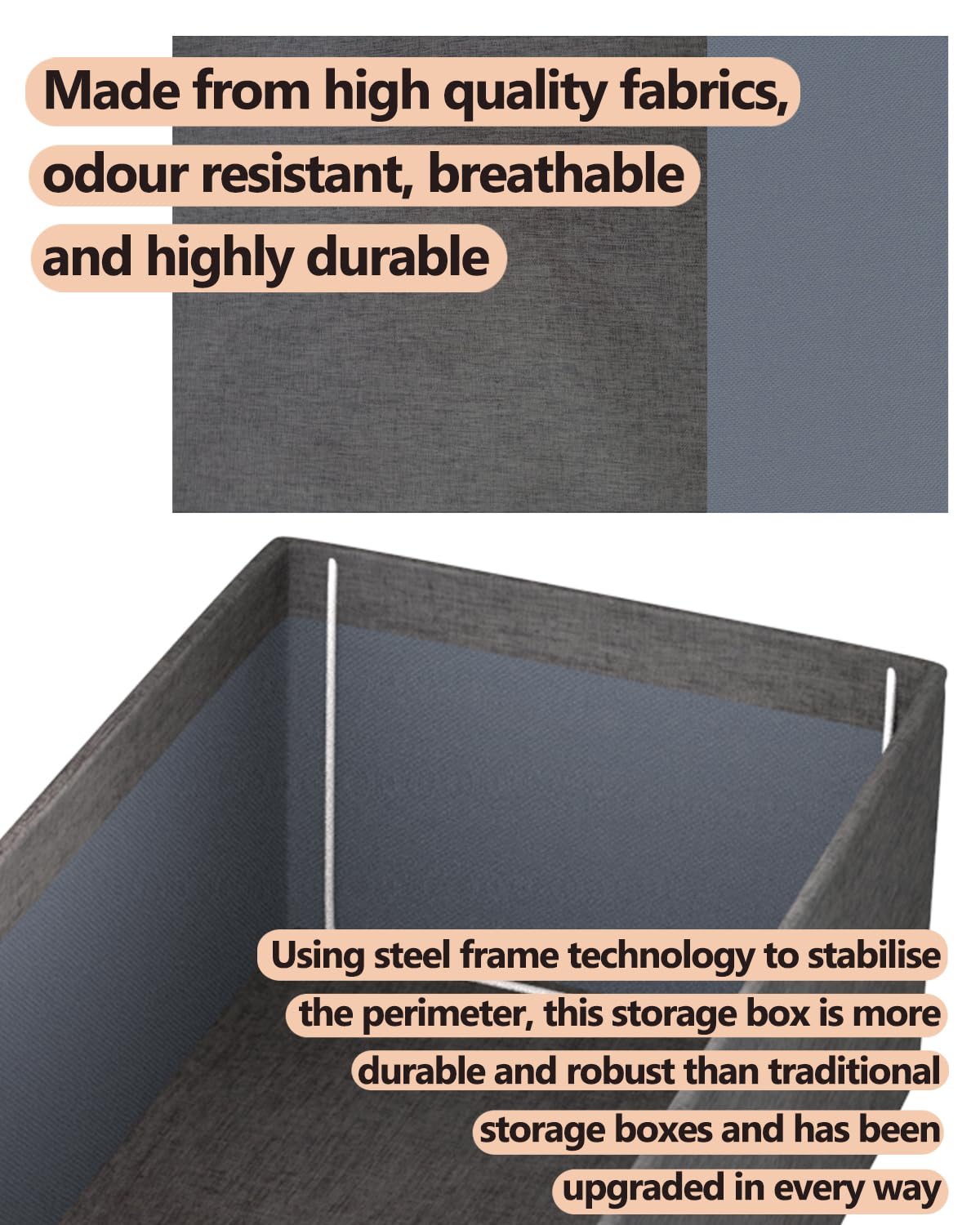 Collapsible Metal Frame Storage Bins - 3 Pcs, Grey for Closet & Wardrobe Organization