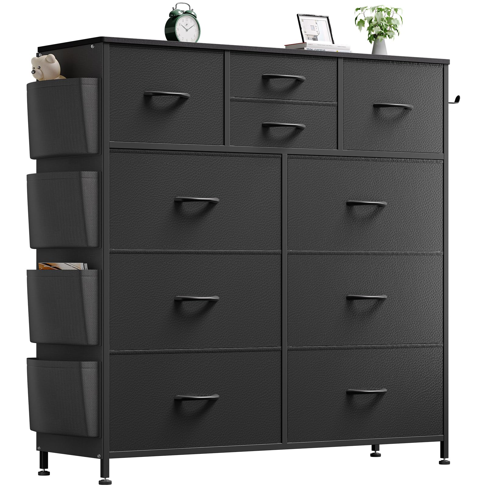 Black 10-Drawer Dresser for Bedroom & Closet Storage with Hooks - Perfect for Hallway, Kids Room