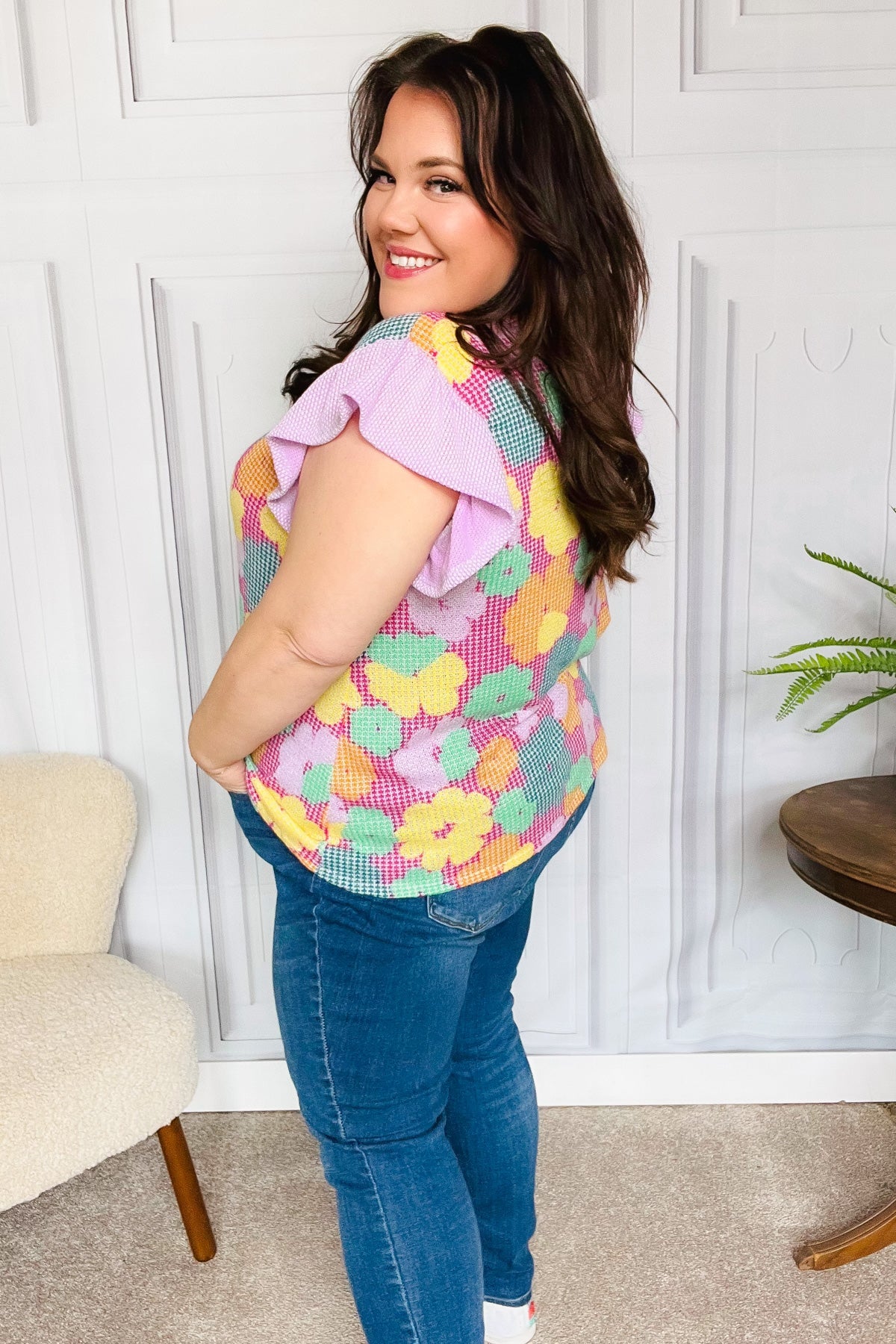 Playful Fuchsia Floral Textured Ruffle Sleeve Top for Women - Trendy Blouse for Casual Outings, Dates & Summer Parties