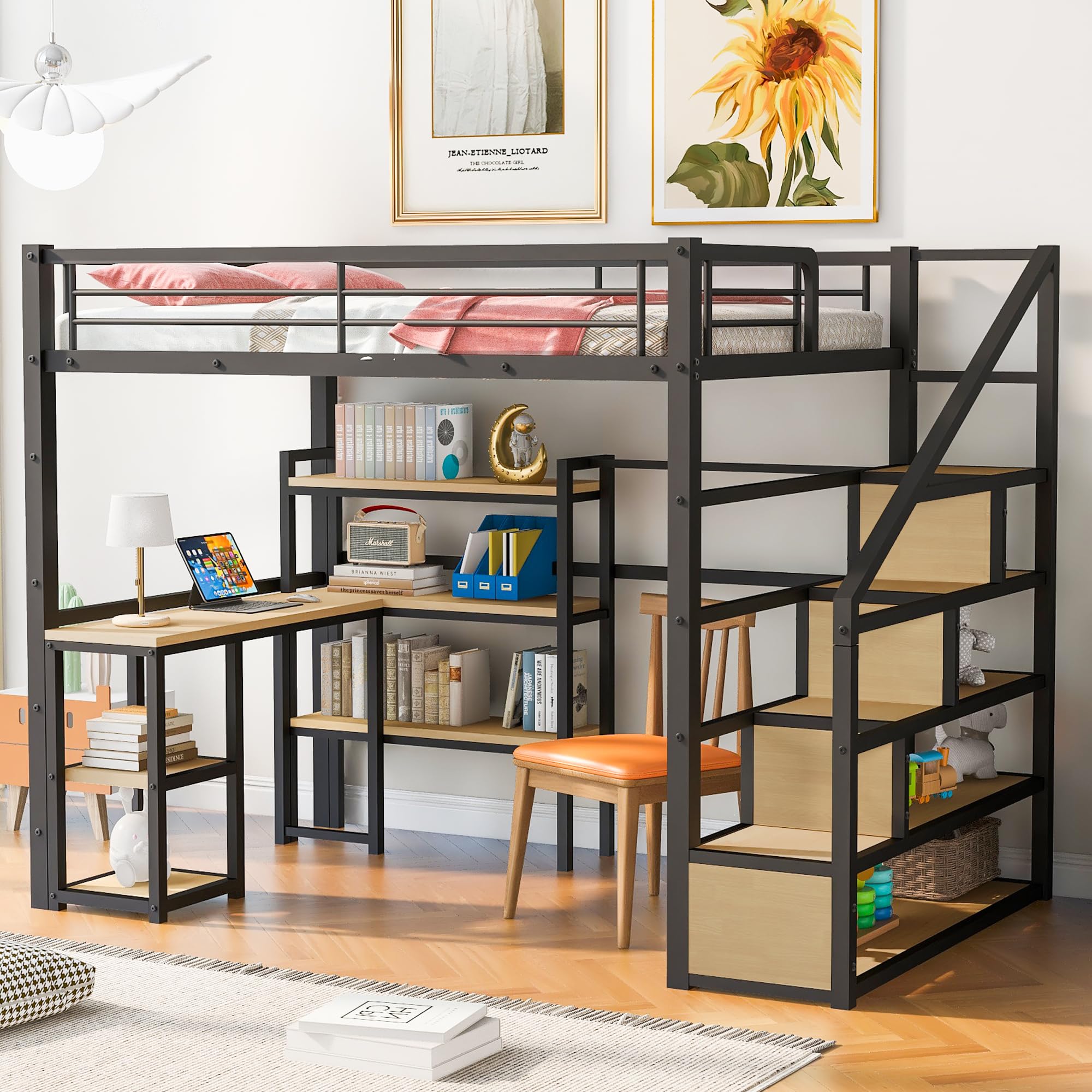 Harper & Bright Designs Full Size Loft Bed with Staircase & Desk - Sturdy Metal Frame with Storage Shelves - Space-Saving High Loft Bed for Kids, Teens, Boys & Girls (Full, Black) - Perfect for Small Bedrooms, Dorms & Shared Kids' Rooms