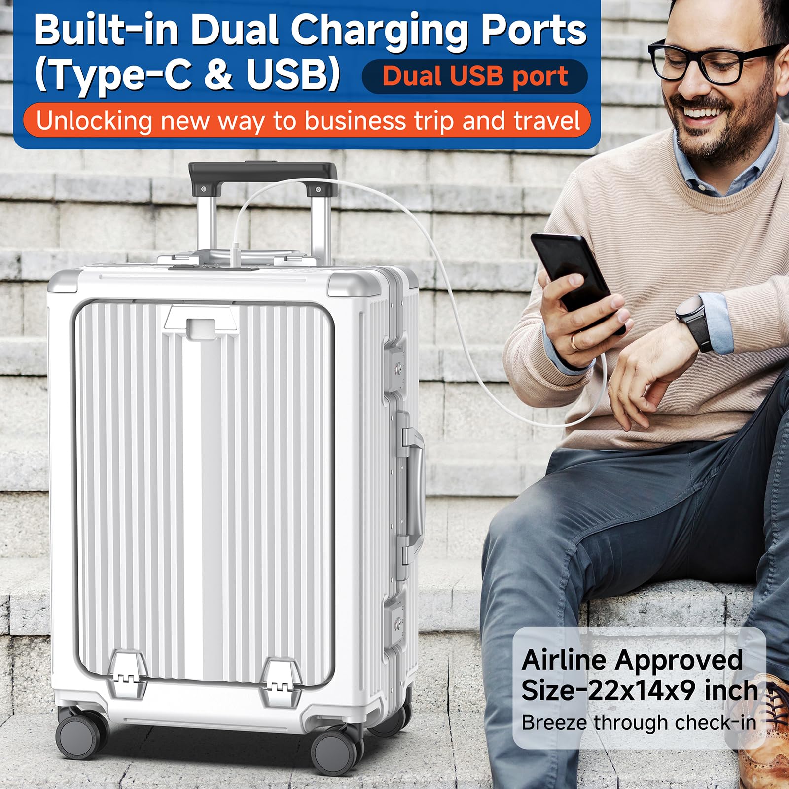 TSA Approved 22x14x9 Inch Carry On Luggage with 360° Spinner Wheels - Aluminum Frame Business Suitcase with Laptop Compartment & Cup Holder, Flexible Handle for Air Travel (White) - Perfect for Business Trips & Weekend Getaways