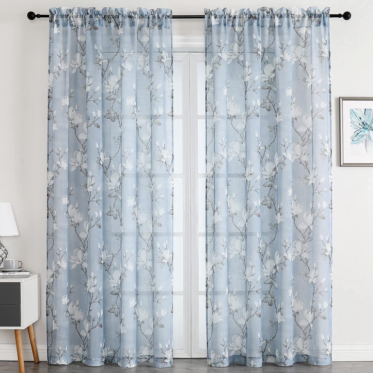 Blue Sheer Curtains 72 Inches Long - 2 Panels Set for Living Room & Bedroom | Light Filtering Floral Voile Linen Semi-Sheer Window Drapes with Rod Pocket (52W x 72L) - Perfect for Kitchen, Nursery & Home Decor