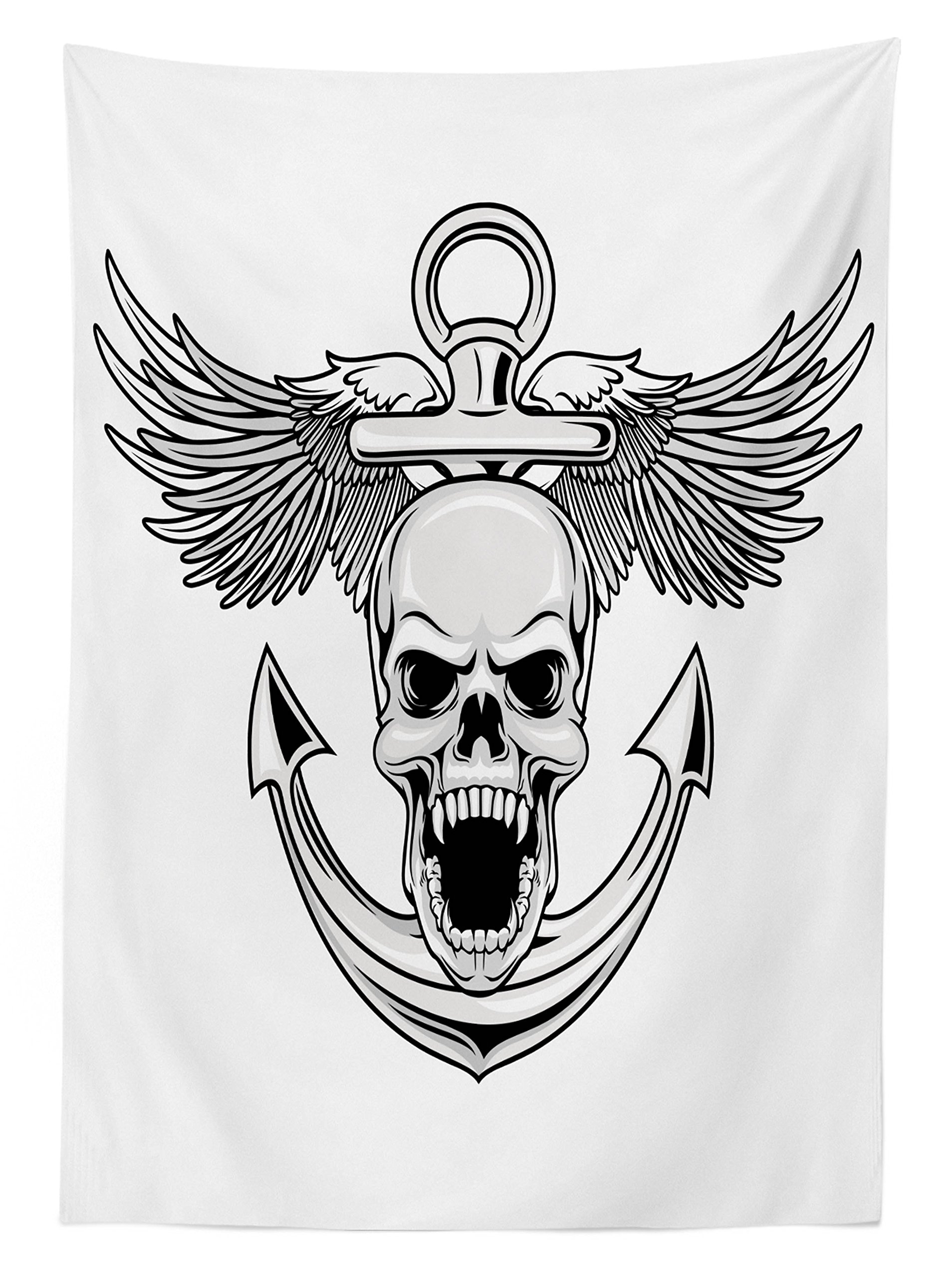 Ambesonne Anchor Themed Outdoor Tablecloth - Skull with Anchor & Eagle Wings Design, Washable Picnic Table Cover, 58