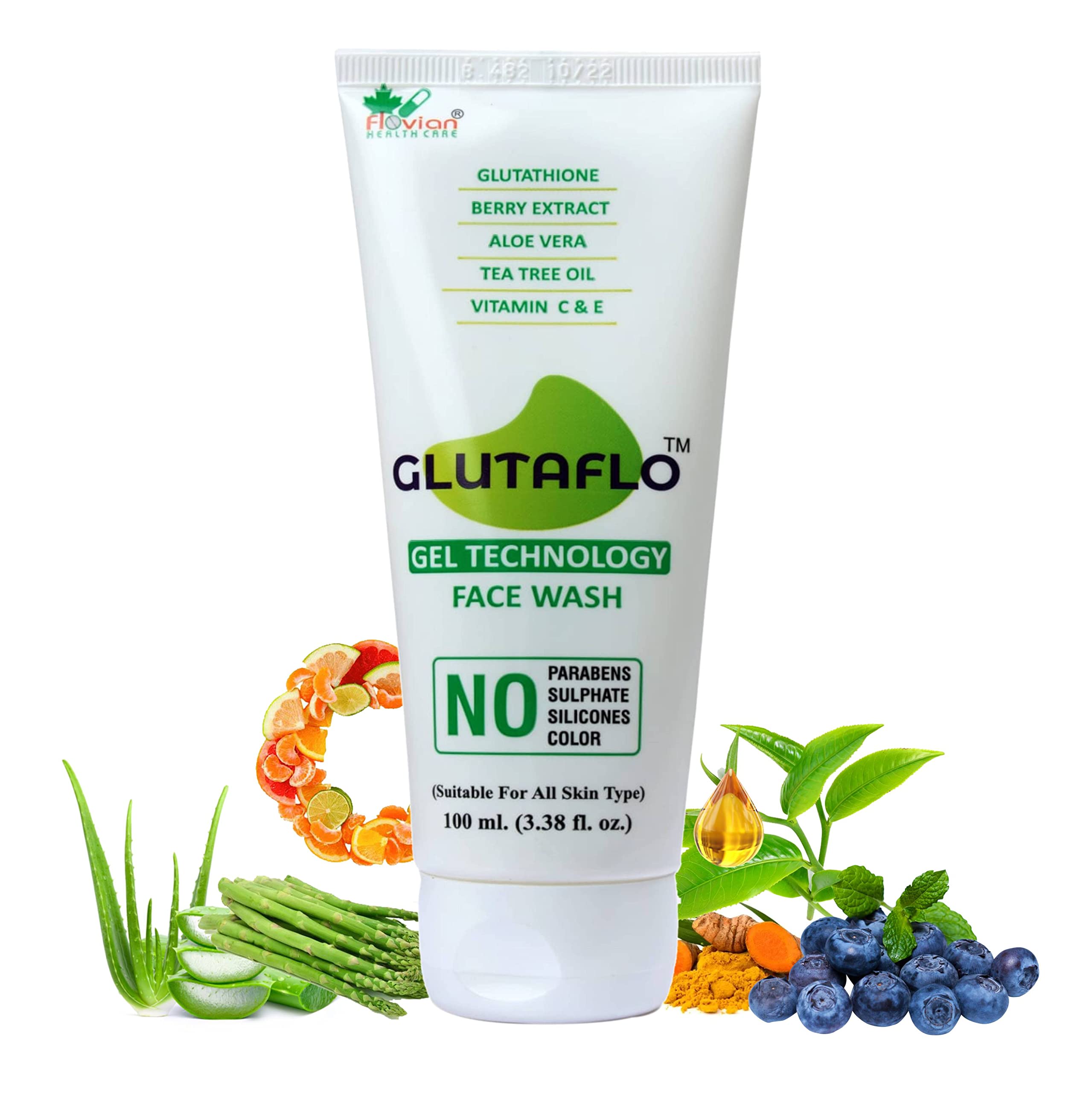 GLUTAFLO Glutathione Face Wash with Berry Extract & Tea Tree Oil - Vitamin C & E Enriched Cleansing Gel for Glowing Skin - Suitable for All Skin Types (Men & Women) - 100ml | Perfect for Daily Skincare Routine & Acne-Prone Skin
