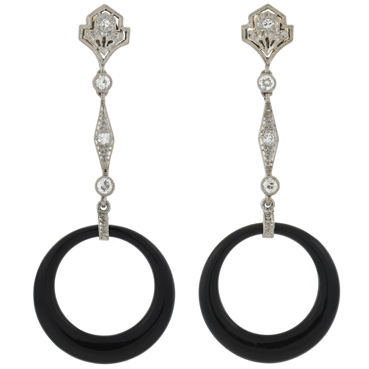 Art Deco Platinum Diamond, Jadeite, Onyx & Rock Crystal Convertible Earrings – Vintage Luxury Jewelry for Weddings, Parties & Special Occasions
