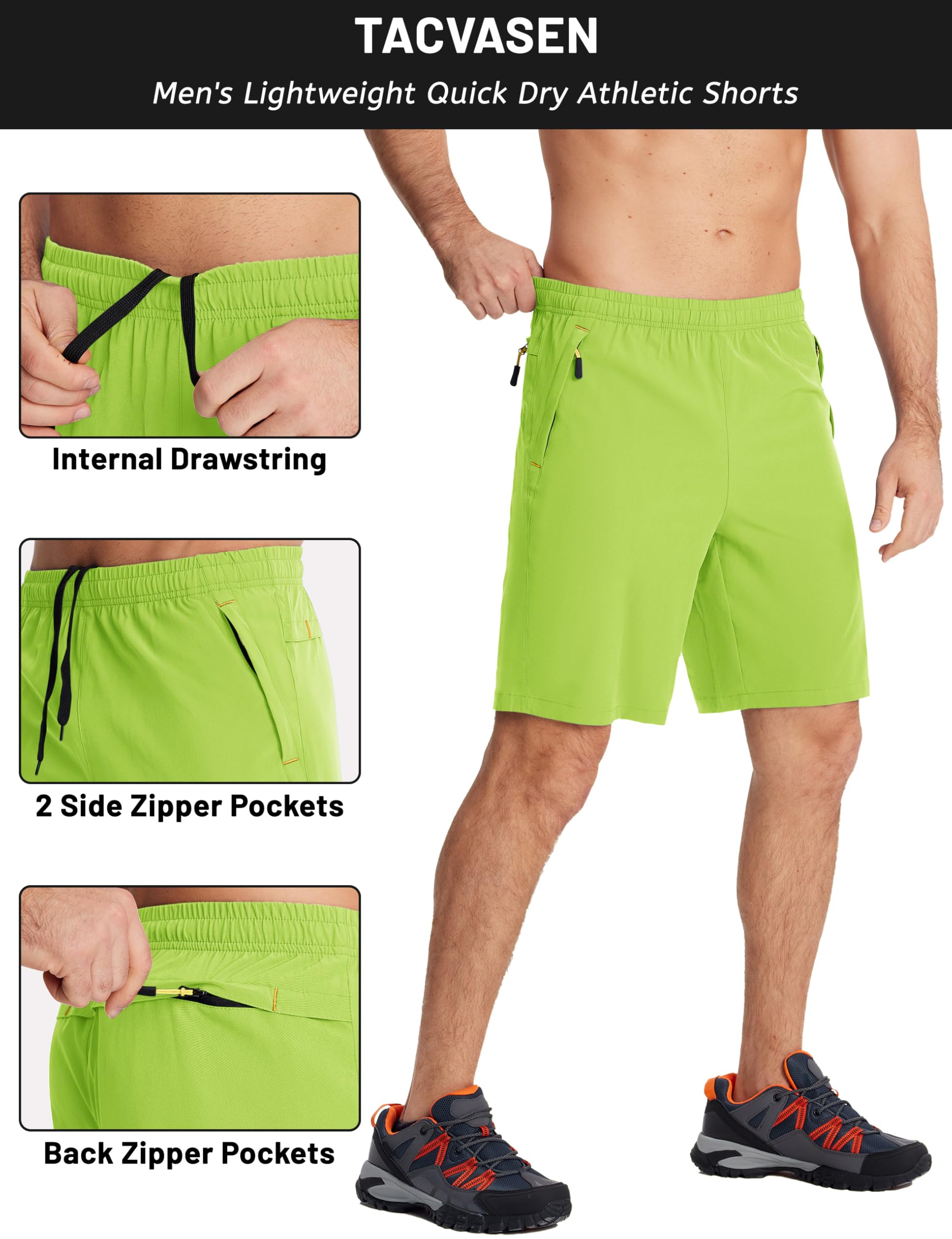 TACVASEN Men's 9 Inch Running Shorts - Quick Dry Athletic Gym Shorts with 3 Zipper Pockets | Lightweight Workout Shorts for Summer Jogging, Training & Outdoor Activities