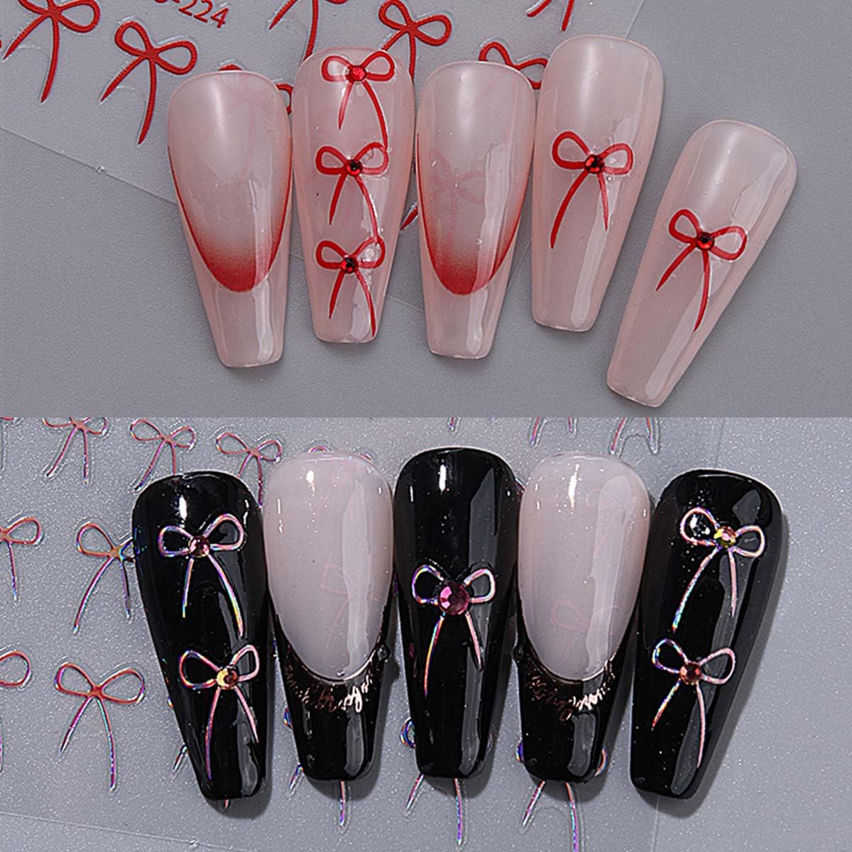 8 Sheets 3D Self-Adhesive Bow Nail Stickers - Black, White, Red & Gold Aurora Designs for Nail Art | Manicure Decorations for Women & Girls | Perfect for Parties, Weddings, Holidays and Everyday Nail Designs