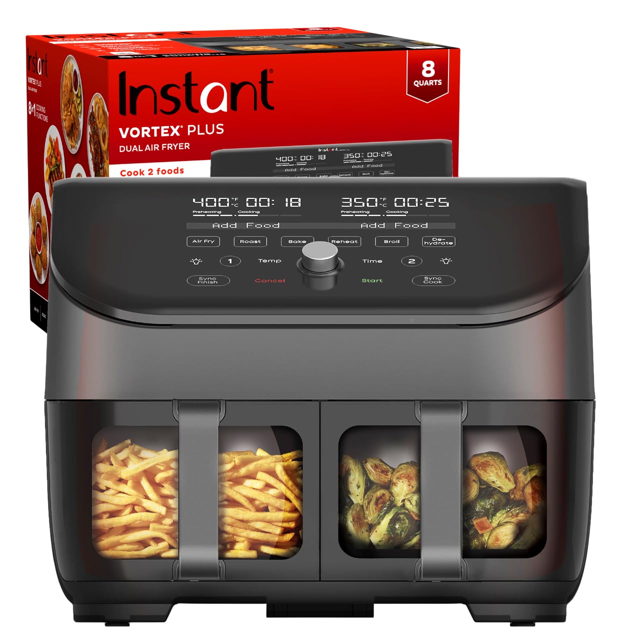 Instant Vortex Plus XL 8-Quart Dual Basket Air Fryer Oven - 2 Independent Frying Baskets, ClearCook Windows, Dishwasher Safe - Healthy Oil-Free Cooking for Family Meals, Snacks & Meal Prep - Compatible with Instant Pot App (100+ Recipes)