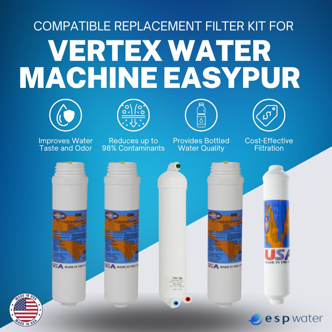 Vertex Water Filter Replacement Kit for EasyPur Reverse Osmosis System - 75 GPD RO Membrane Included | Home & Office Water Purification Solution