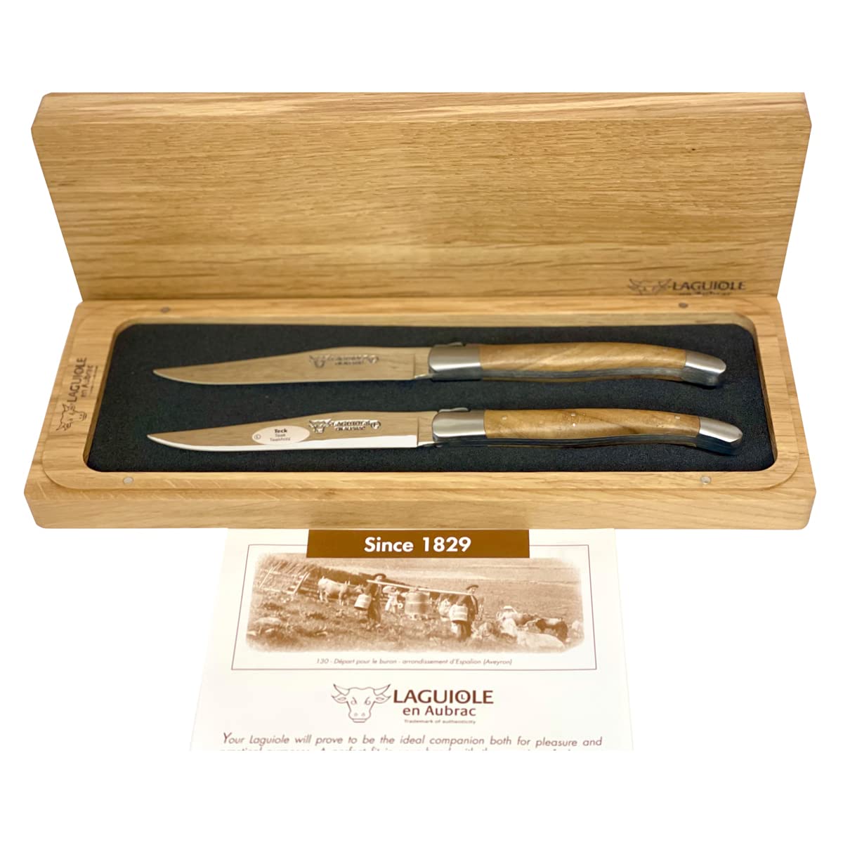 Premium Laguiole en Aubrac Luxury Forged Full Tang Steak Knives Set - 2-Piece Stainless Steel Blades with Teak Wood Handles & Brushed Bolsters - Perfect for Fine Dining, Steakhouse Experience & Gourmet Gifts